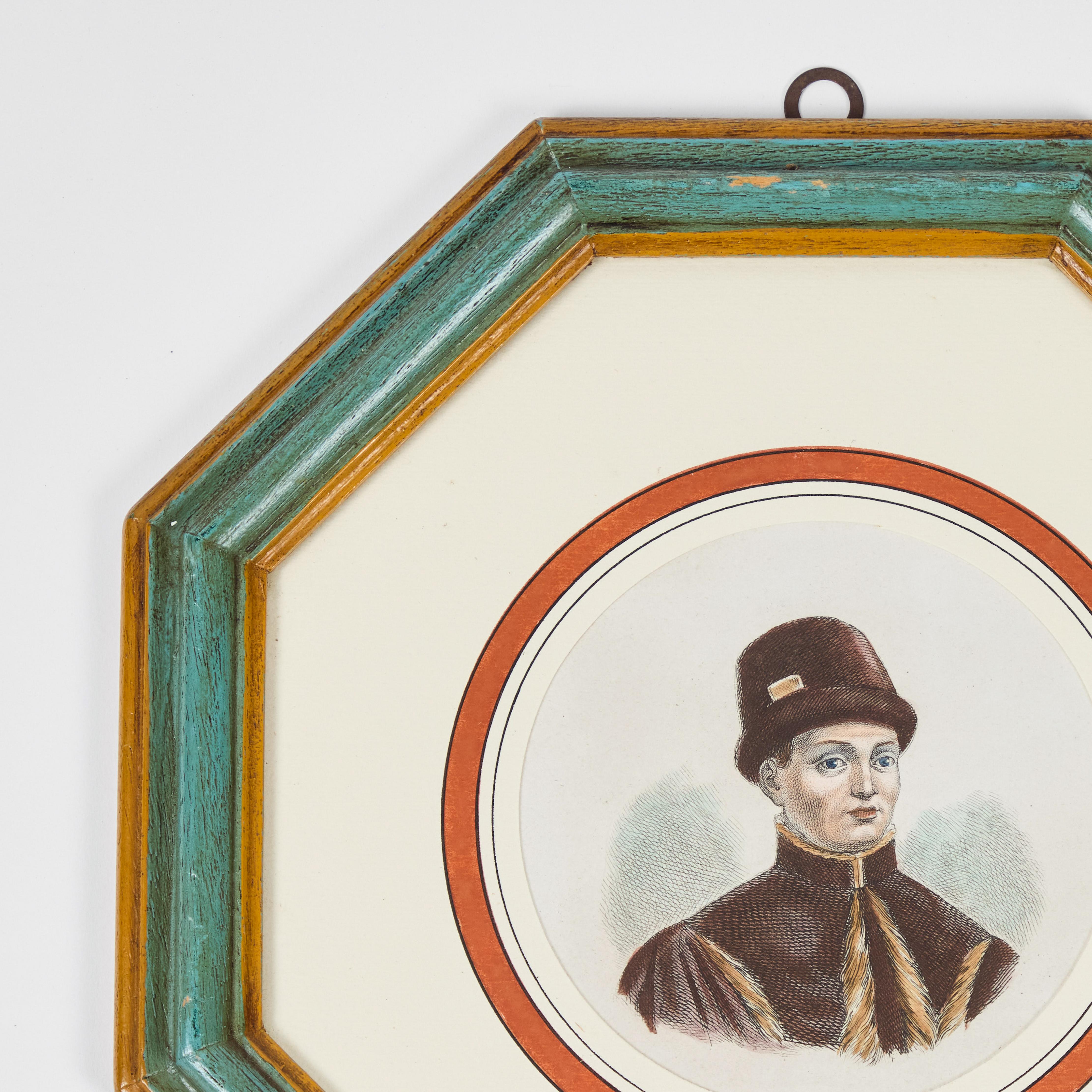 Antique Hand Colored Print of European Notable c 1800's in Original Octagonal Frame with Printed Round Mat, Italian.

11