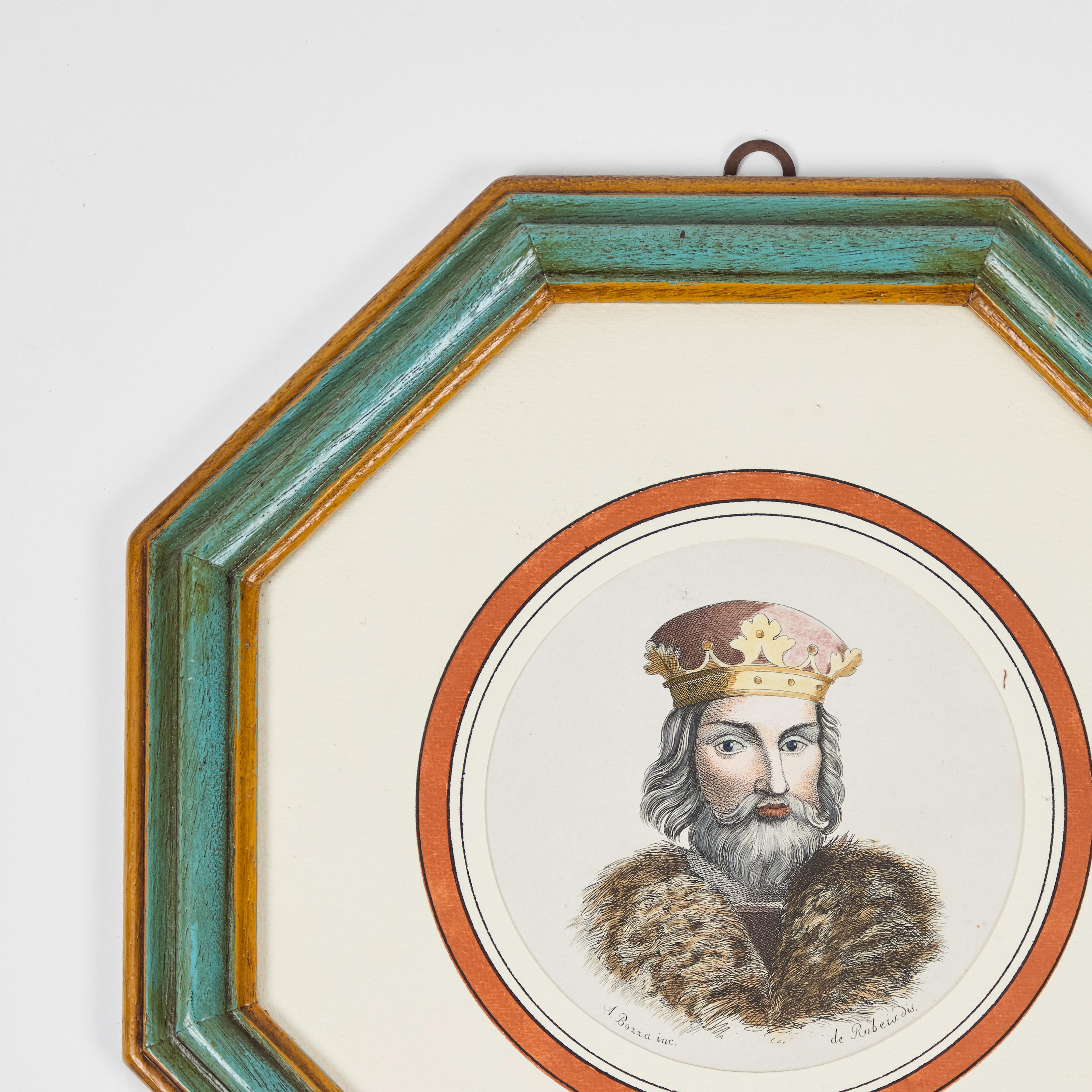 Antiker handkolorierter Druck von europäischen Berühmtheiten um 1800 in originalem achteckigen Rahmen mit bedruckter runder Matte, italienisch.

11