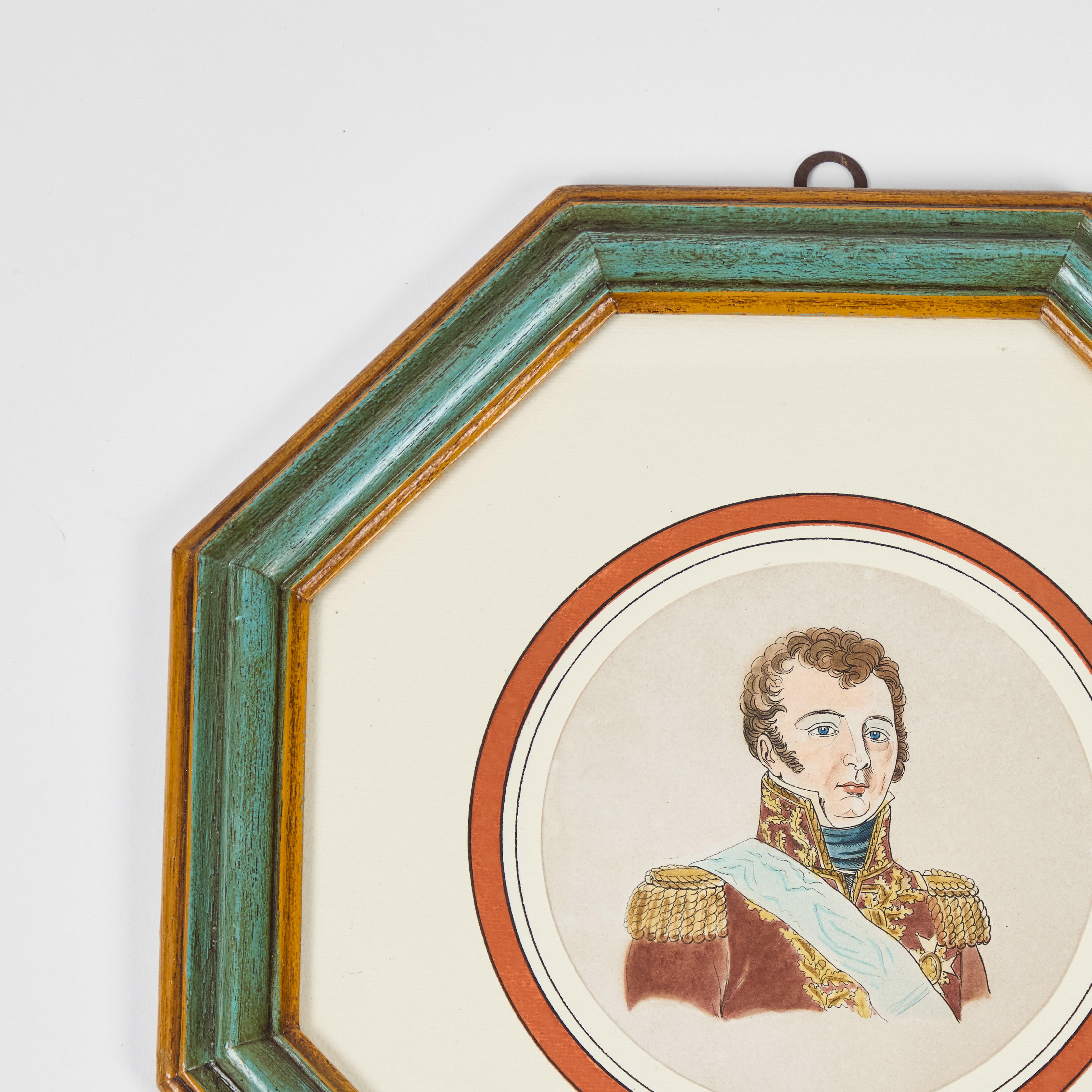 Antiker handkolorierter Druck von europäischen Berühmtheiten um 1800 in originalem achteckigen Rahmen mit bedruckter runder Matte, italienisch.

11