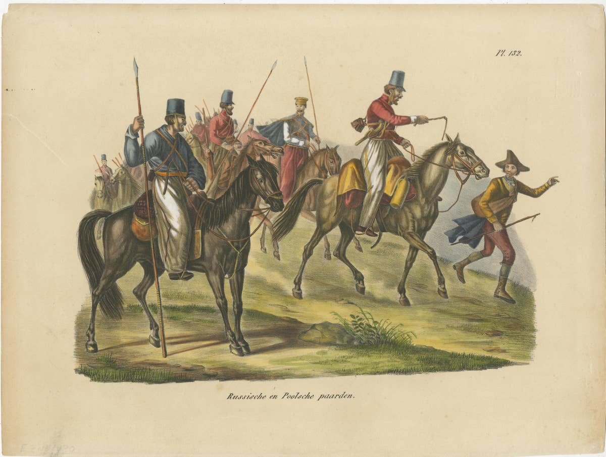 Antique Hand Colored Print of Russian and Polish Horses