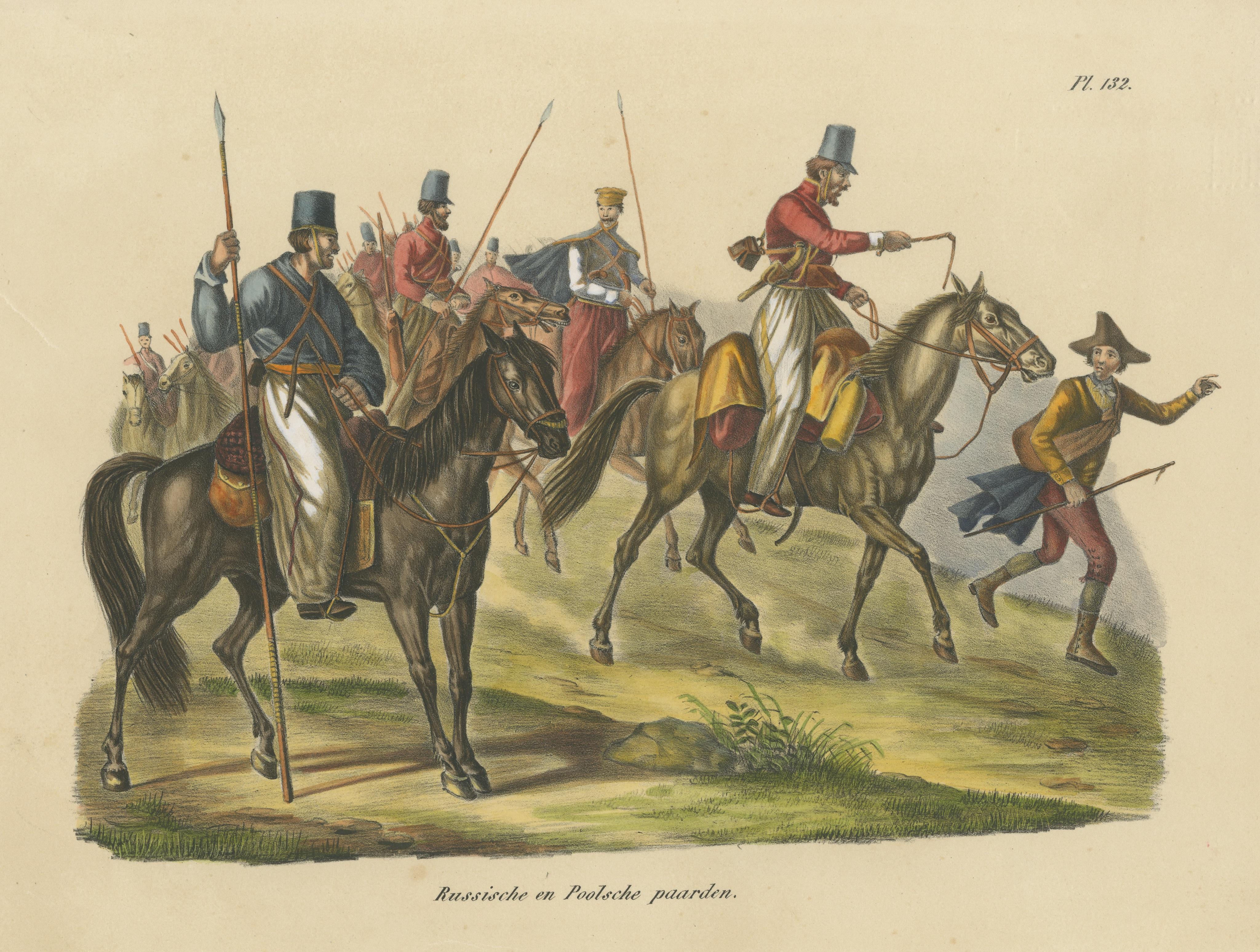 Antique Hand Colored Print of Russian and Polish Horses In Fair Condition For Sale In Langweer, NL