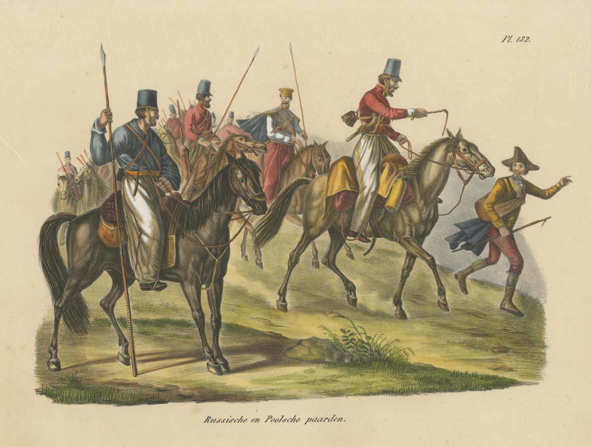 Antique Hand Colored Print of Russian and Polish Horses