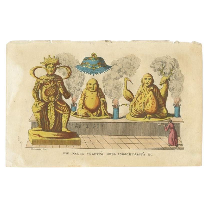 Antique print titled 'Dio della Voluttà, Dell'Immortalita'. Lithograph of statues of Chinese Deities: Kin-gan or Chin-hoan, god of tutelage, Ni-ni-fo or Fo-tek god of voluptuousness, and god of immortality with deer and crane. This print originates