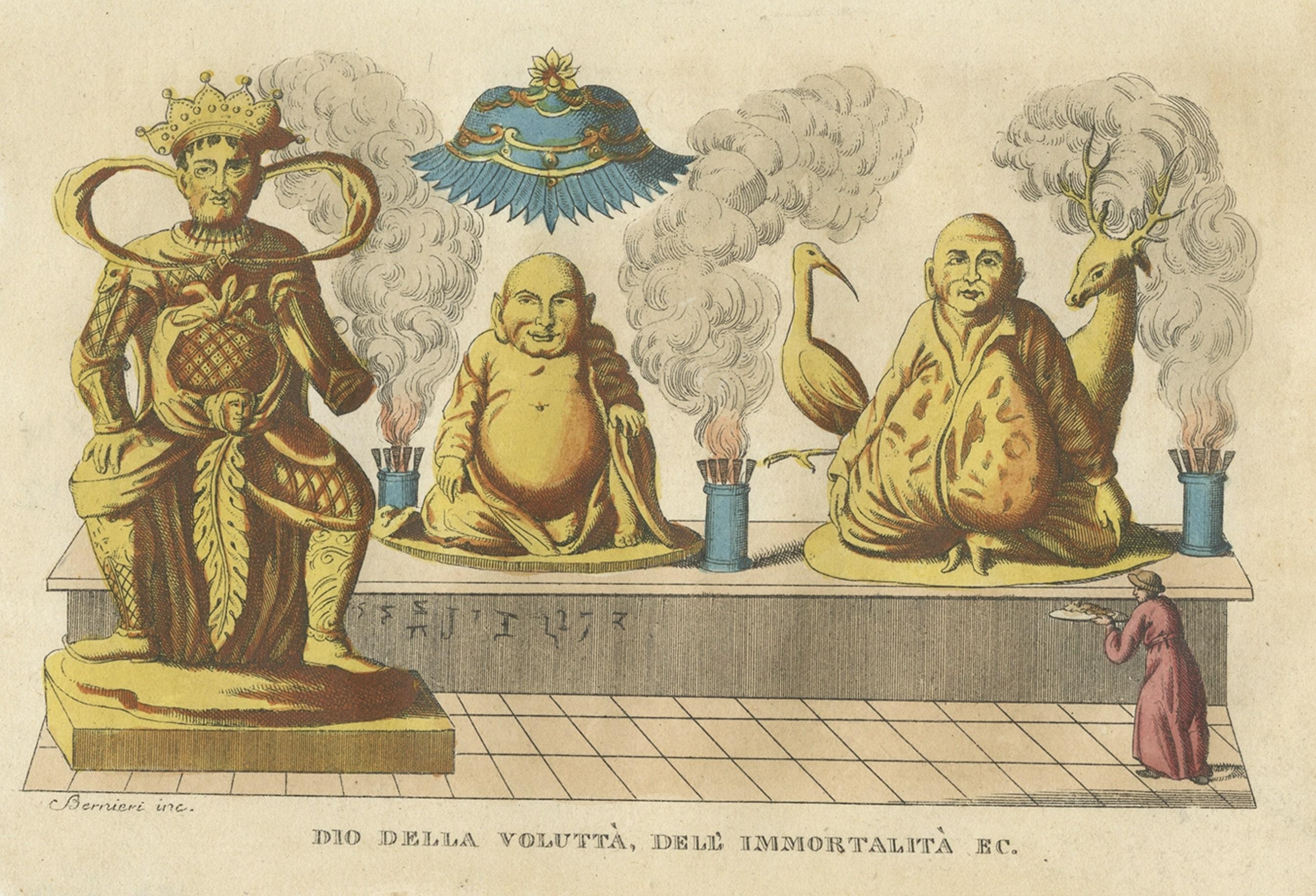Paper Antique Hand-Colored Print of Statues of Chinese Deities in China, 1823 For Sale