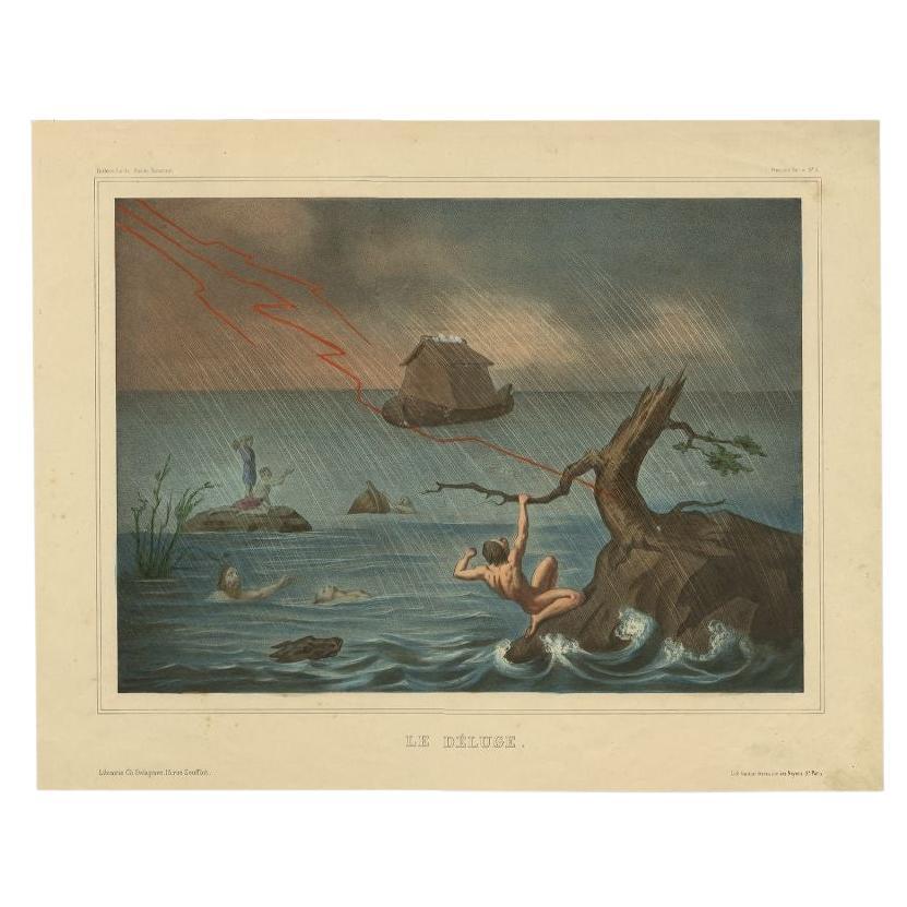 Antique Hand-Colored Print of 'the Deluge' by Becquet, circa 1840
