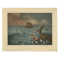 Antique Hand-Colored Print of 'the Deluge' by Becquet, circa 1840