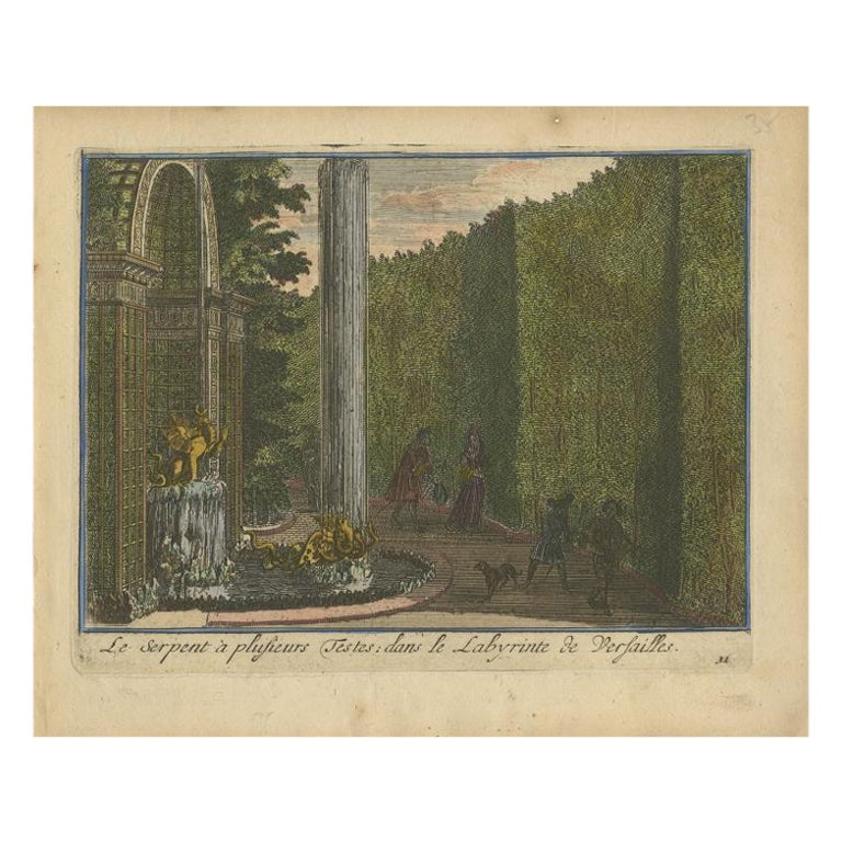 Antiker handkolorierter Druck des Labyrinths von Versailles, um 1720
