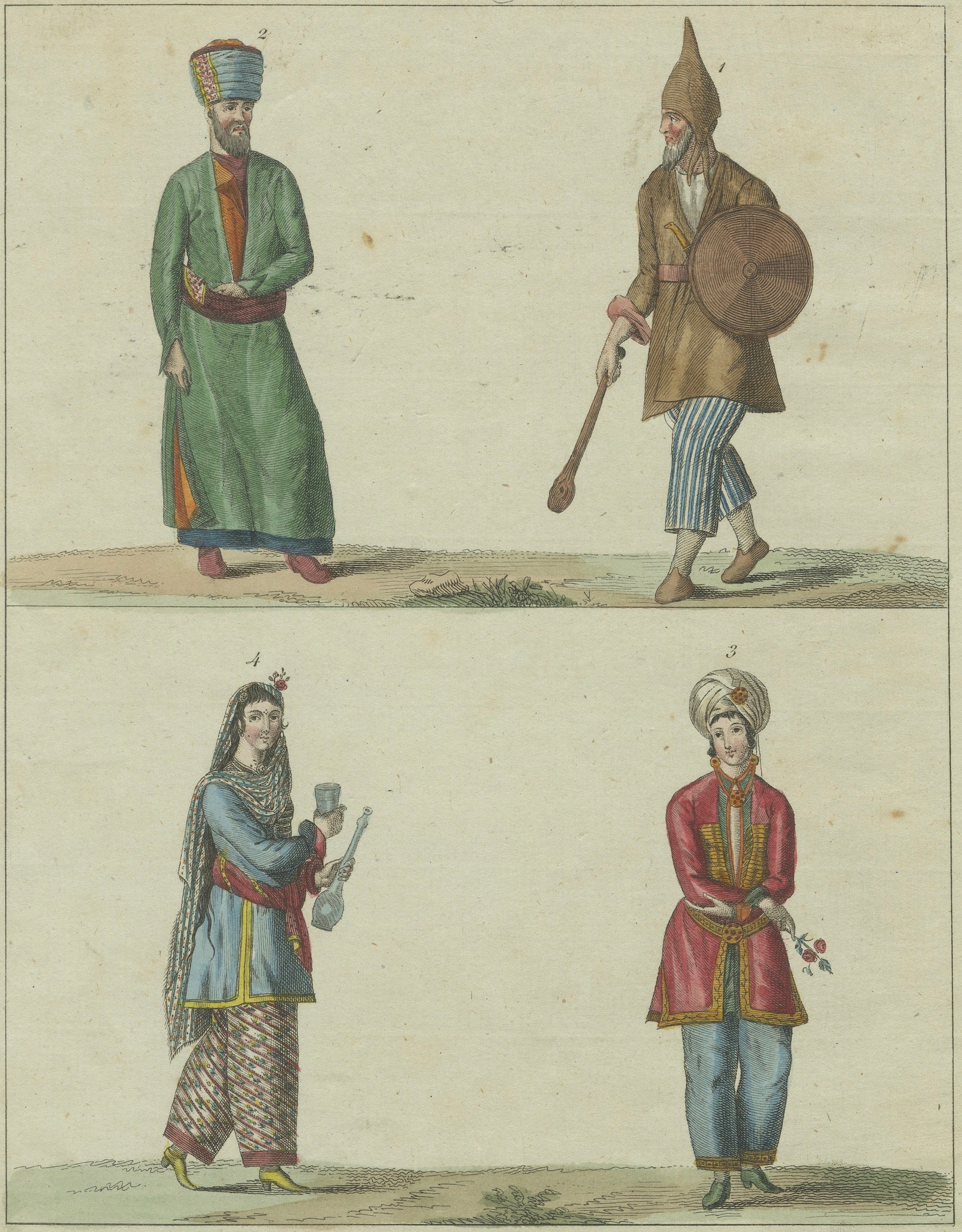 Antique Hand-Colored Print of Turkish Costumes Plate XII, circa 1800

This elegant antique print, titled Trachten XII, Costumes XII, Garments XII, Vestimenti XII, presents four finely detailed hand-colored engravings of traditional Turkish costumes,