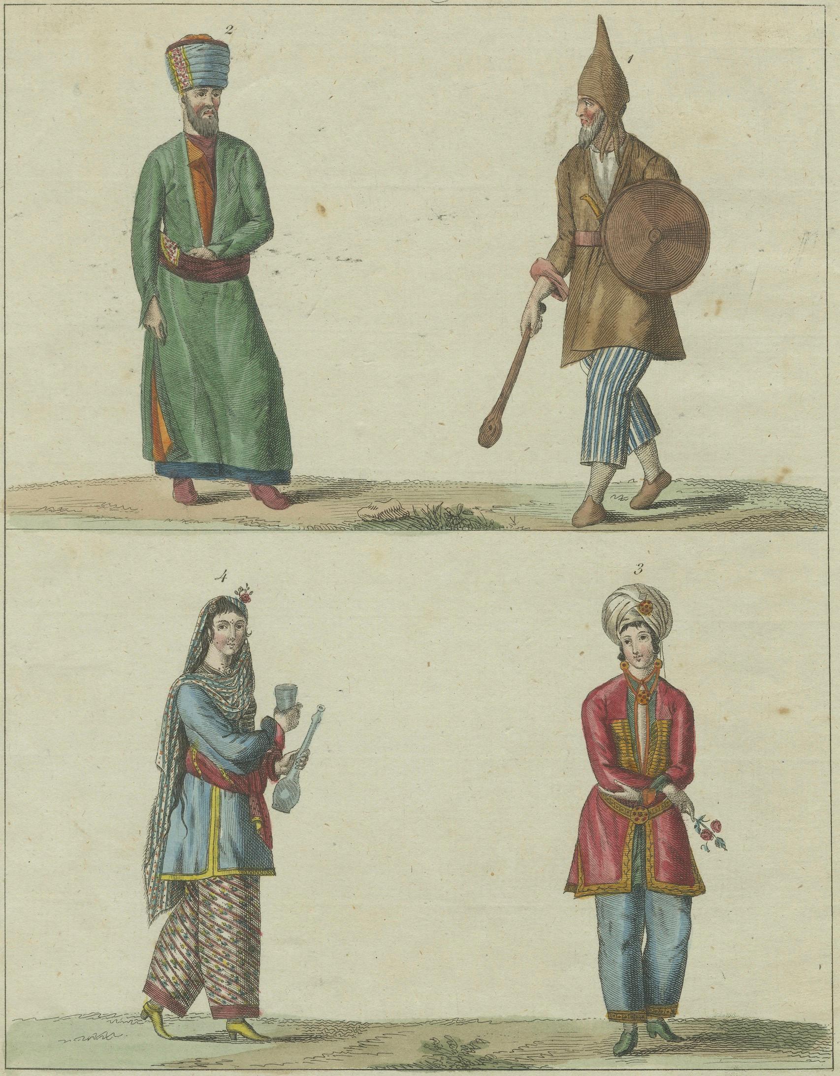 German Antique Hand-Colored Print of Turkish or Ottoman Costumes Plate XII, circa 1800 For Sale