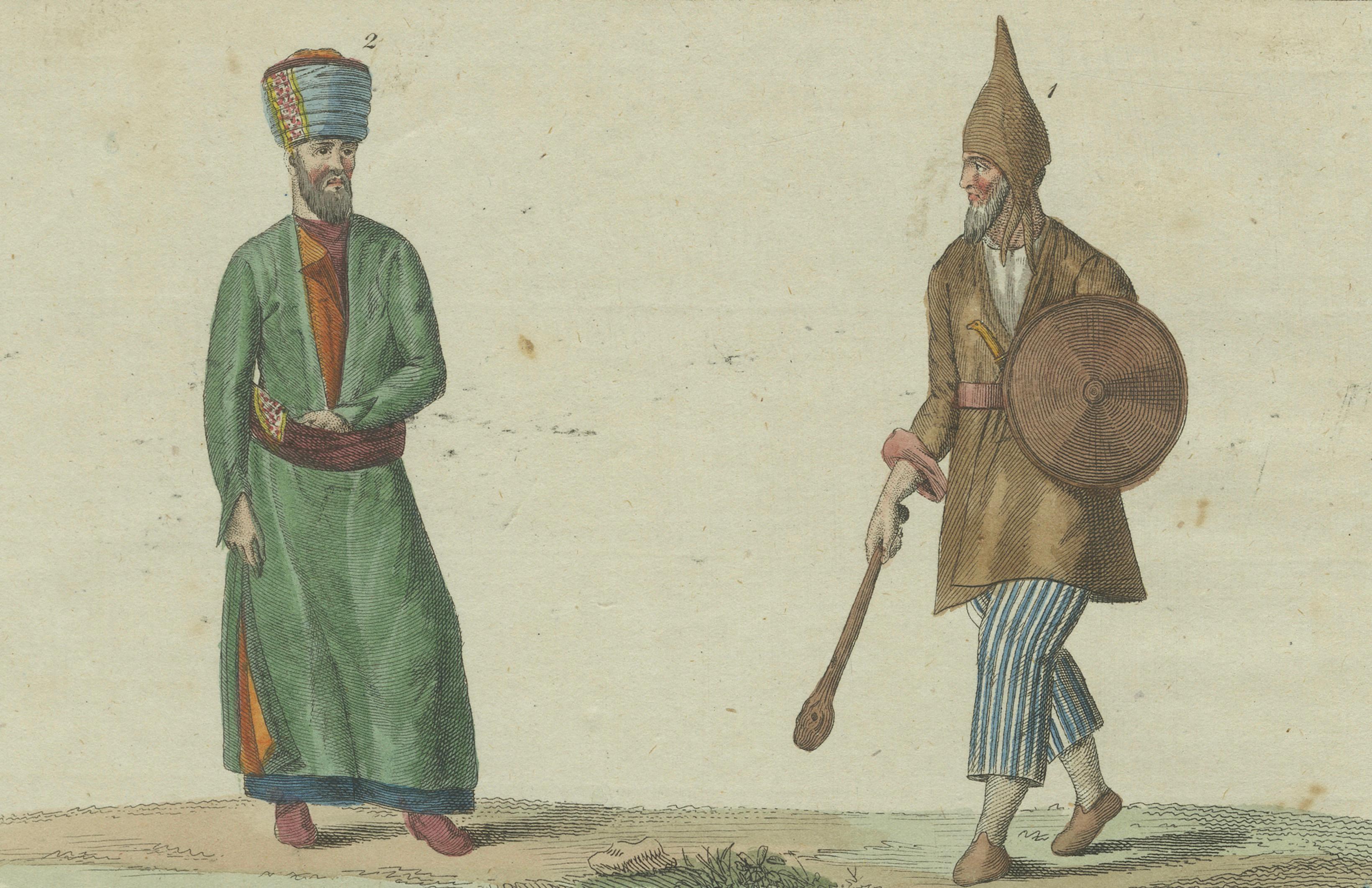 Engraved Antique Hand-Colored Print of Turkish or Ottoman Costumes Plate XII, circa 1800 For Sale