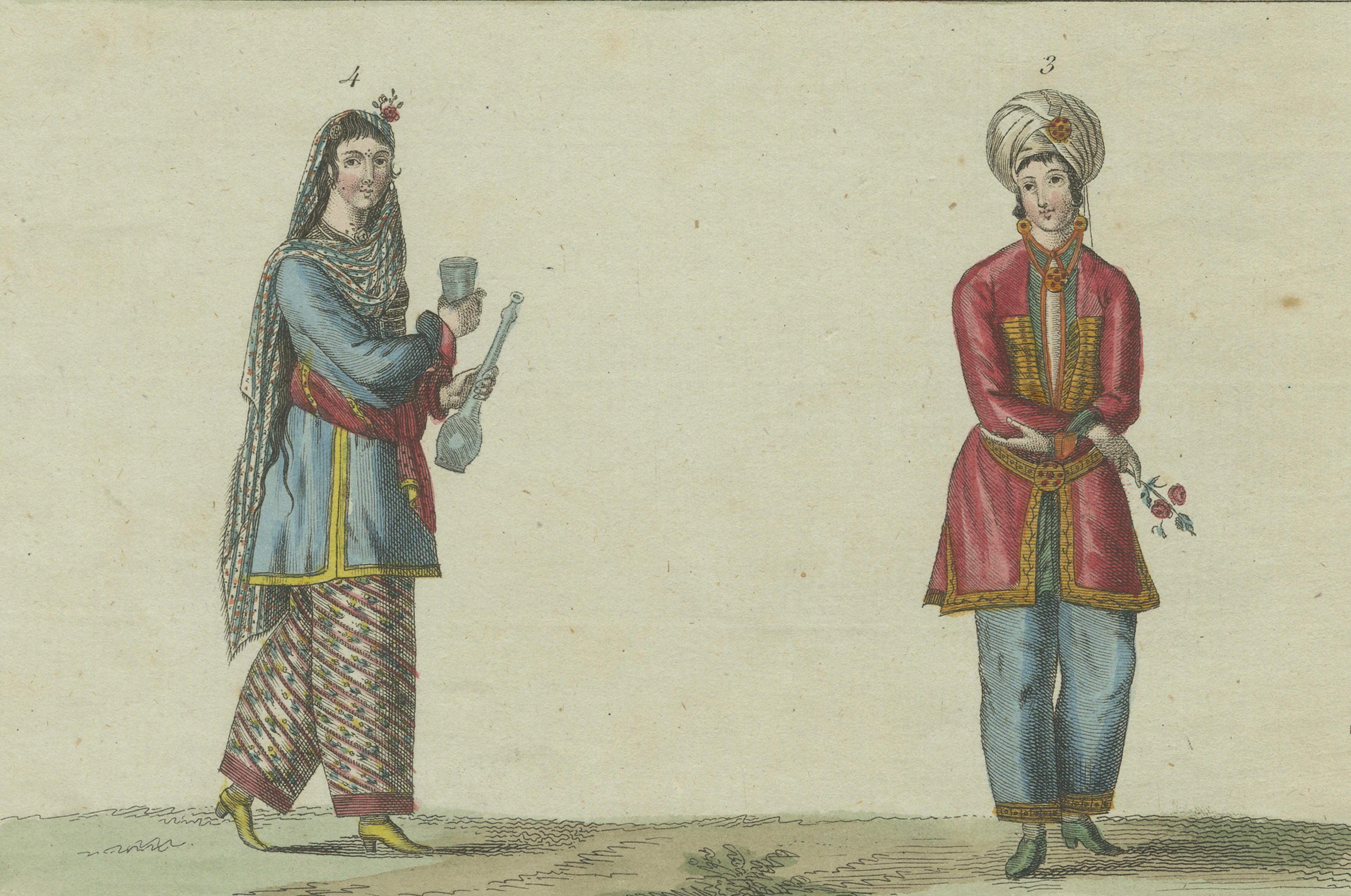 Antique Hand-Colored Print of Turkish or Ottoman Costumes Plate XII, circa 1800 In Good Condition For Sale In Langweer, NL
