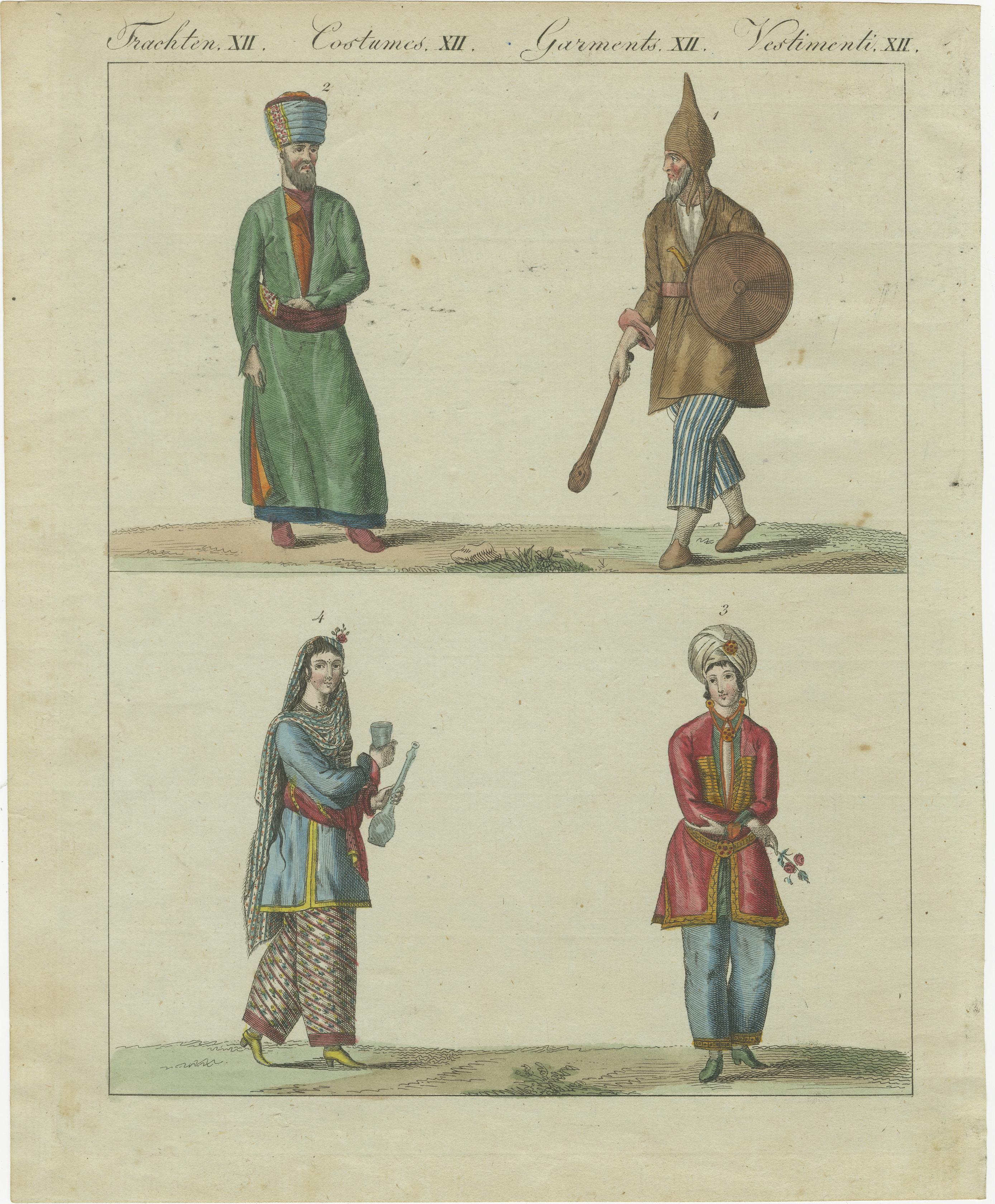 Early 19th Century Antique Hand-Colored Print of Turkish or Ottoman Costumes Plate XII, circa 1800 For Sale