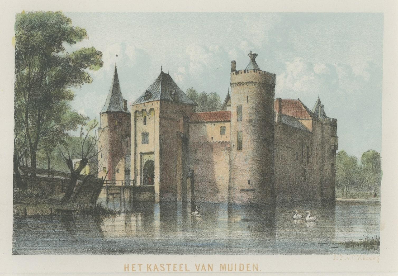 Antique Hand-Colored View of Muiden Castle, the Netherlands, ca.1895 In Good Condition For Sale In Langweer, NL