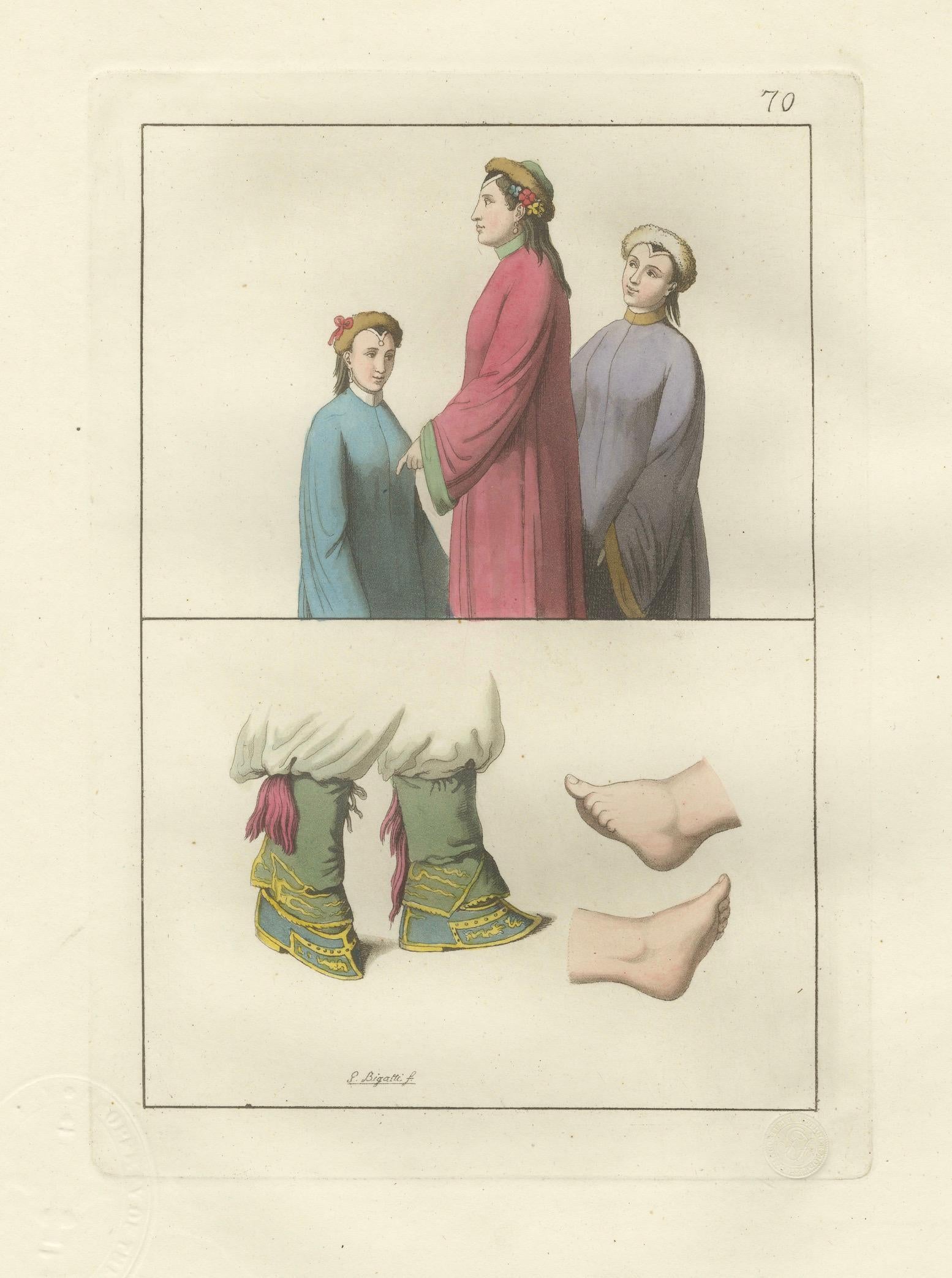 Antique Hand-Coloured Engraving of Chinese Costume & Footbinding, 1815