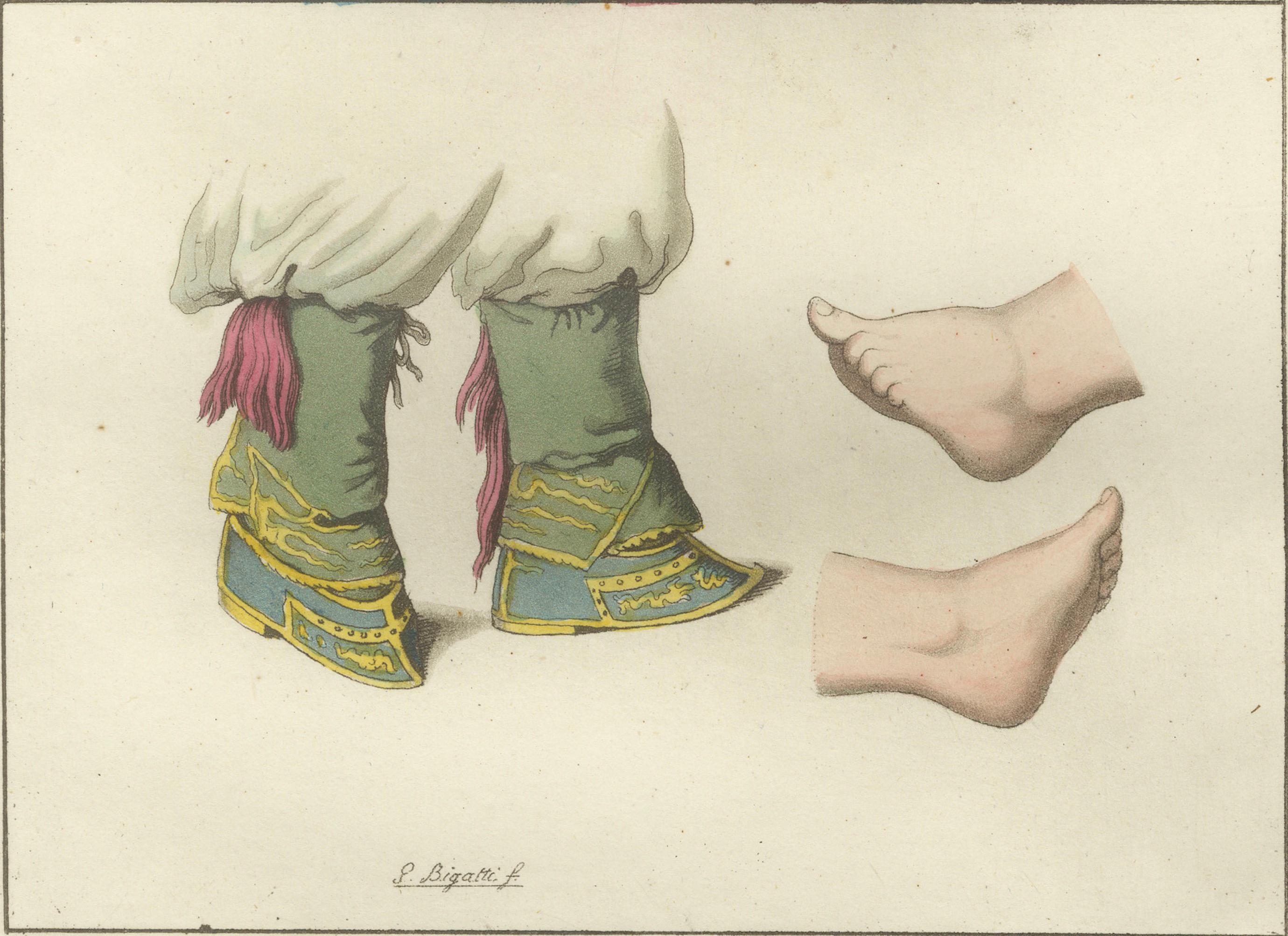 Antique Hand-Coloured Engraving of Chinese Costume & Footbinding, 1815