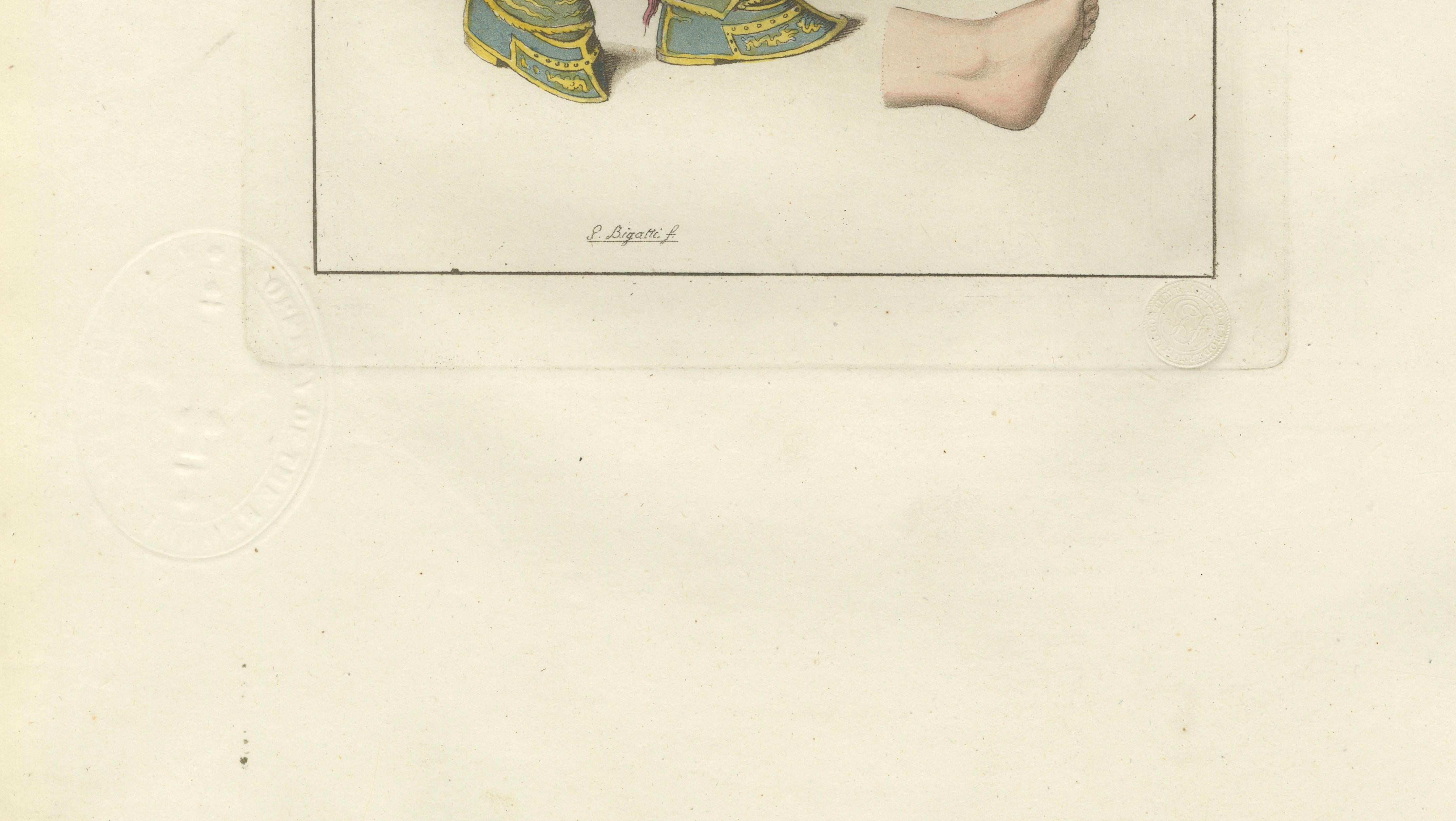 Antique Hand-Coloured Engraving of Chinese Costume & Footbinding, 1815