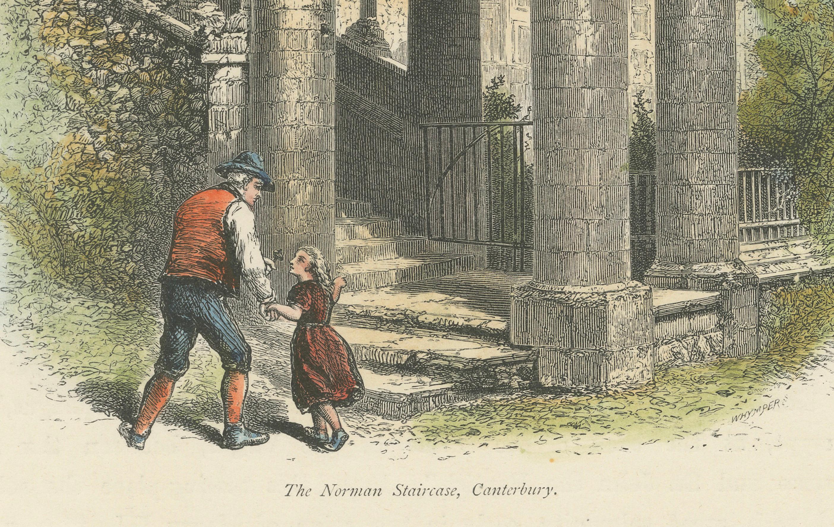 Antiker handkolorierter Kupferstich - Die normannische Treppe, Canterbury, um 1870 (Graviert) im Angebot