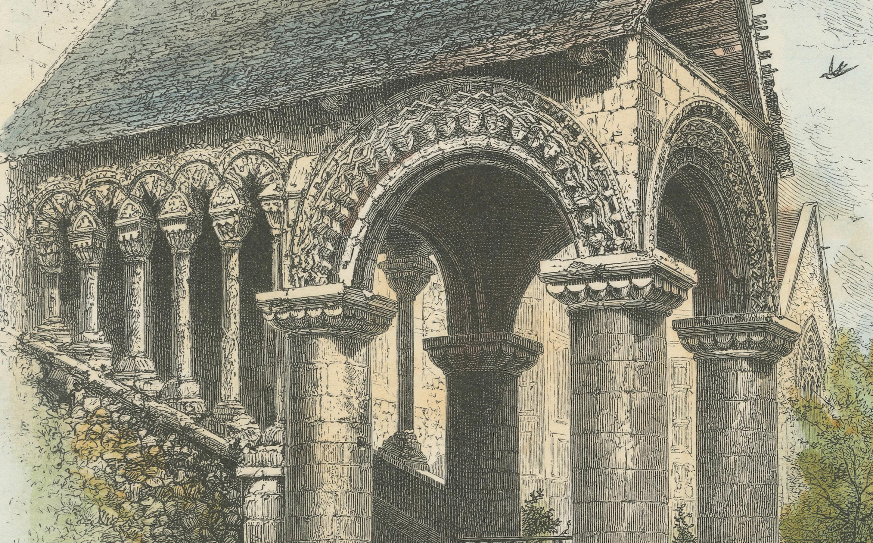 Antiker handkolorierter Kupferstich - Die normannische Treppe, Canterbury, um 1870 im Zustand „Gut“ im Angebot in Langweer, NL