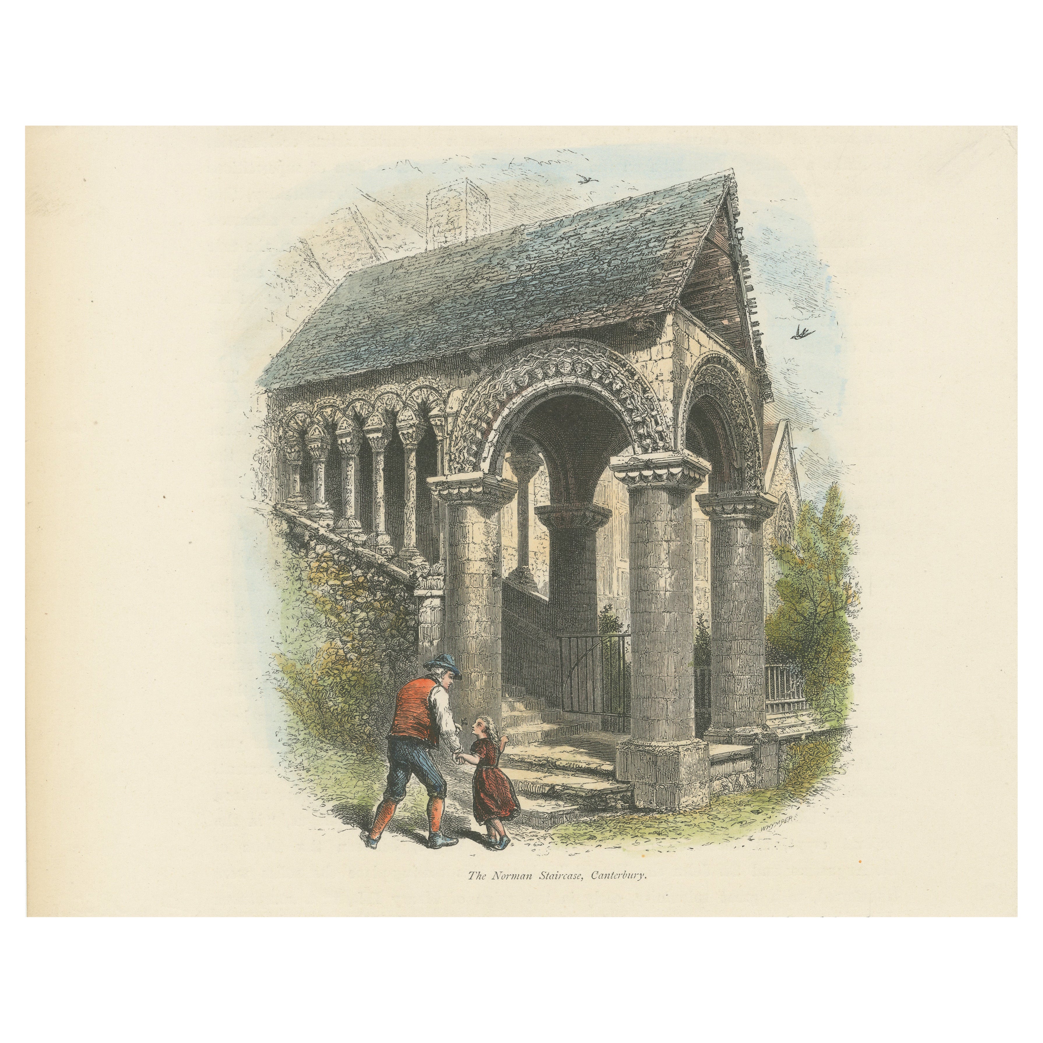 Antiker handkolorierter Kupferstich - Die normannische Treppe, Canterbury, um 1870 im Angebot