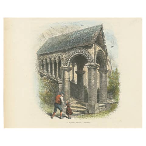 Antique Hand-Coloured Engraving – The Norman Staircase, Canterbury, c.1870s