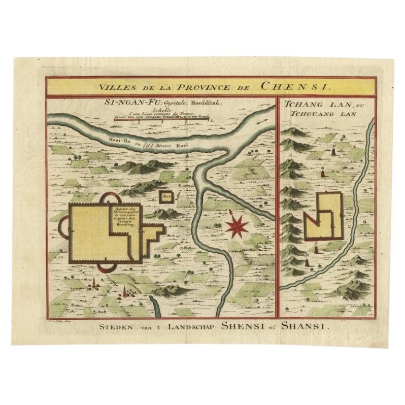 Carte ancienne de villes de la province de Shanxi en Chine, collectionnée à la main, 1749