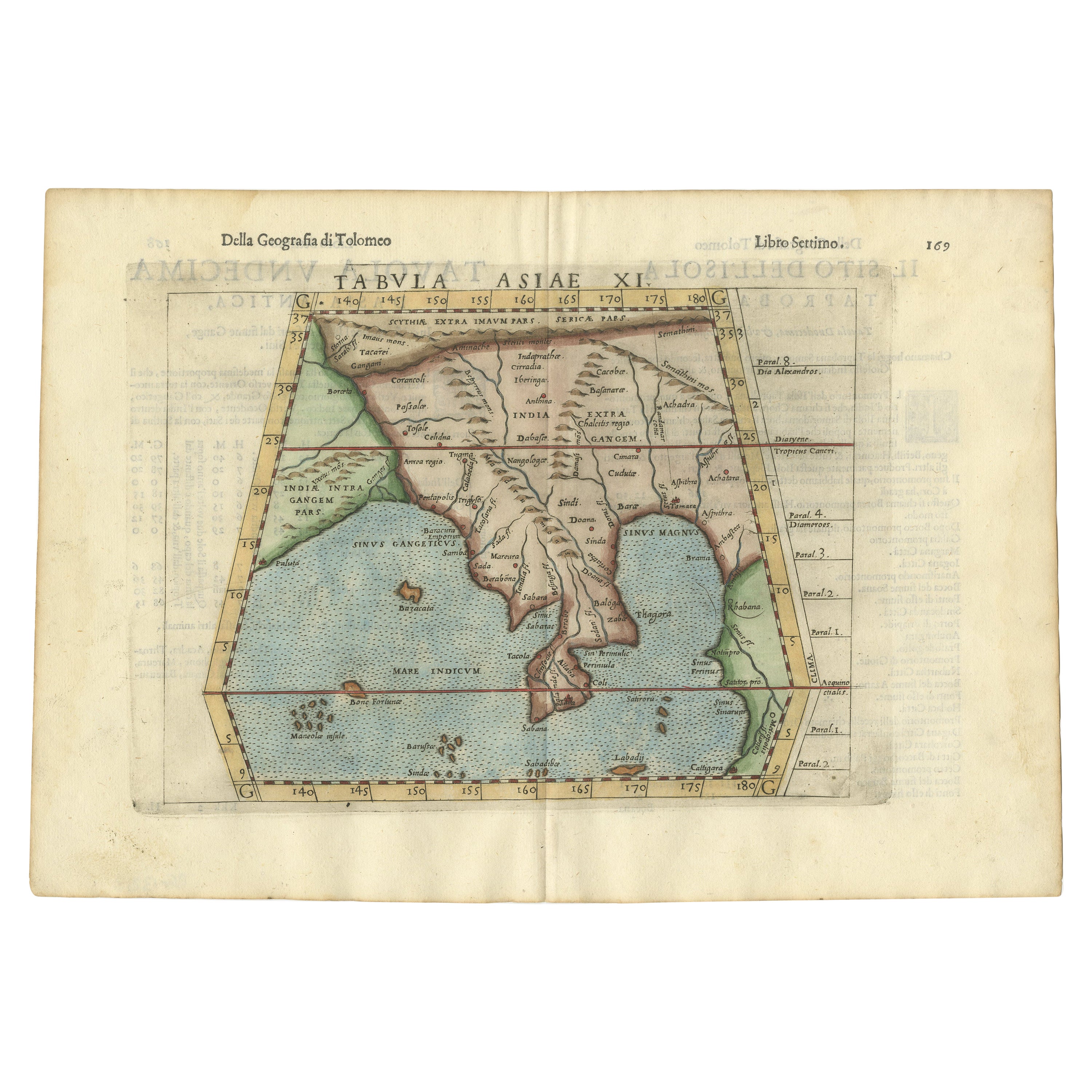 Carta geografica antica colorata a mano dell'India, dello Sri Lanka e delle Maldive, 1599 ca.