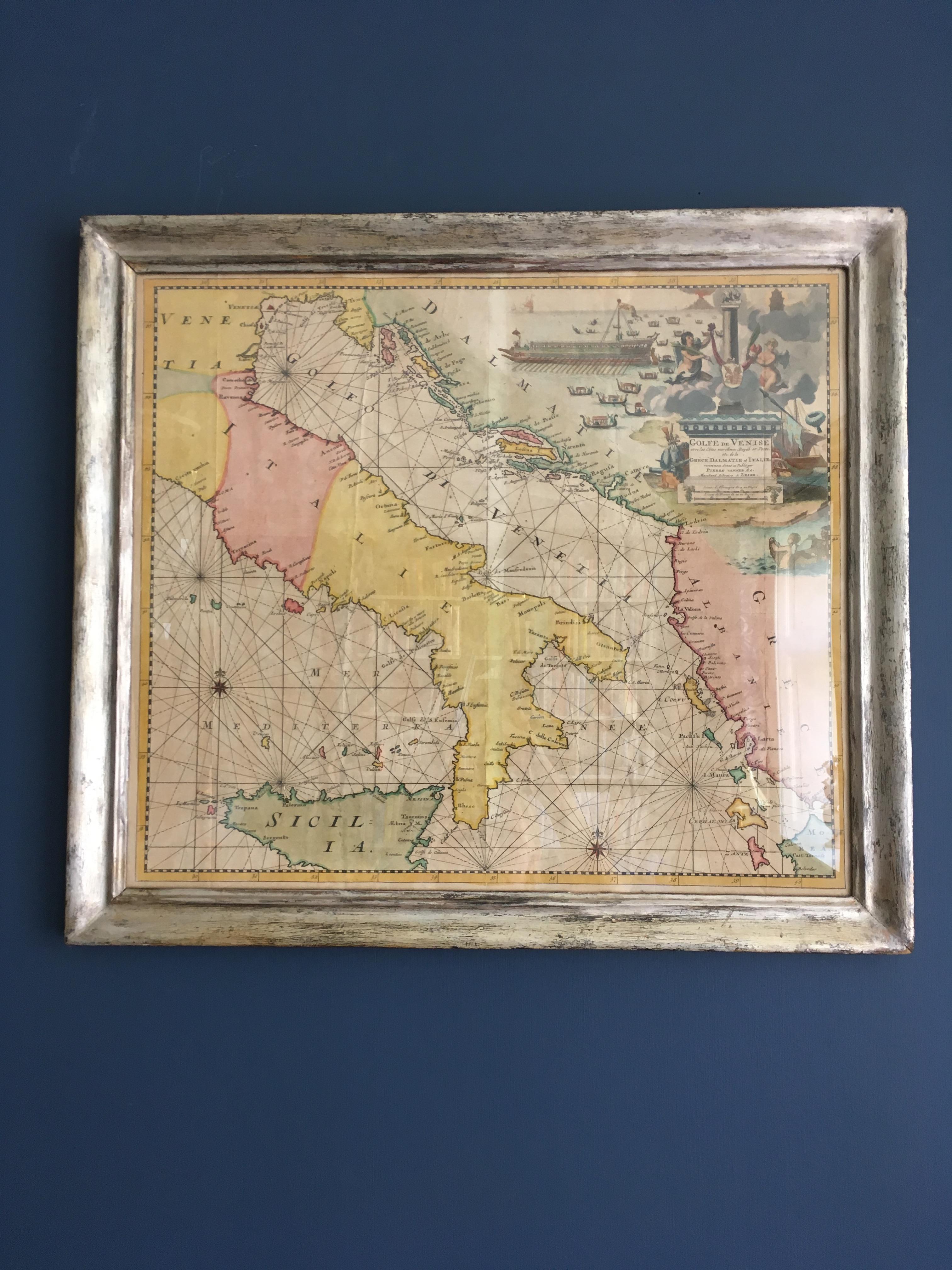 Antike handkolorierte Karte von Venedig mit Vintage-Rahmen, Italien, spätes 18. Jahrhundert (Italienisch) im Angebot
