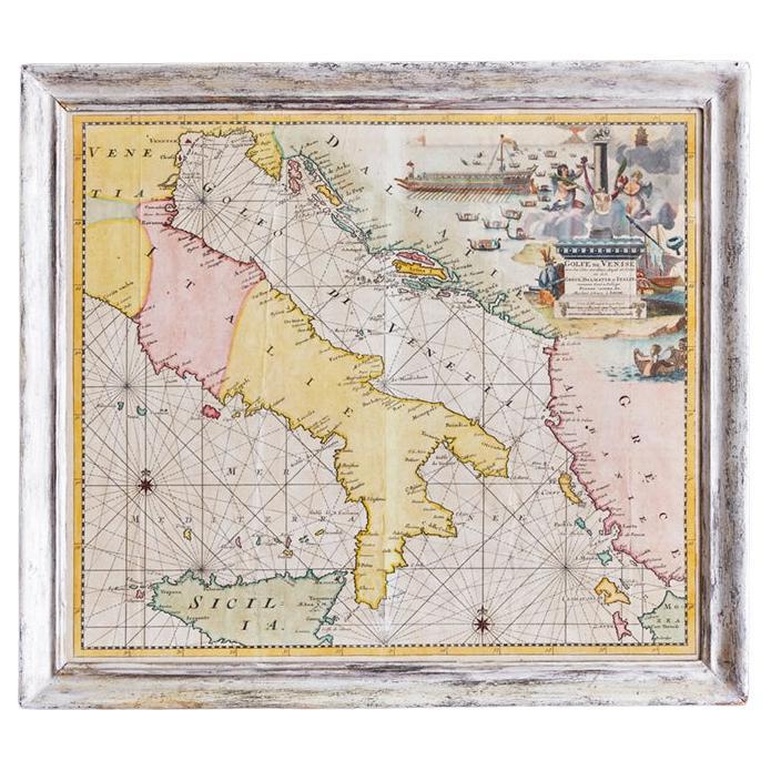 Antique Hand-Coloured Map of Venice with Vintage Frame, Italy, Late 18th Century