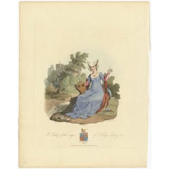 Impression ancienne colorée à la main d'une dame du règne du roi Henry V, 1813