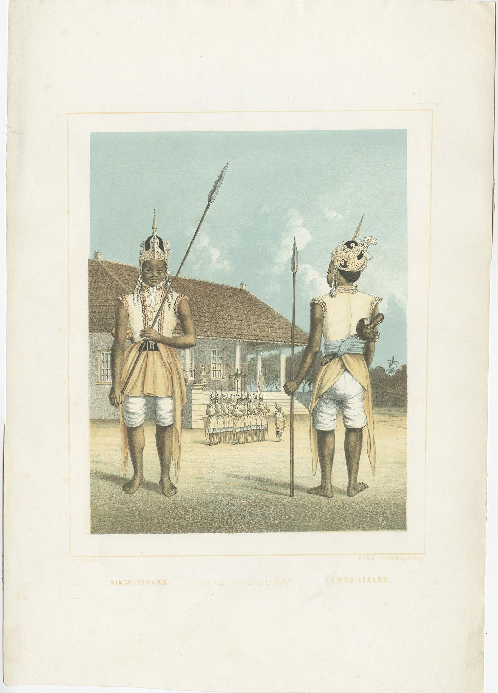 Description: Antique print titled 'Singo-Sekars'. 

Old print depicting guards of the regent Singo-Sekar. This print orginates from 'Nederlandsch Oost-Indische typen. Types indiens-neerlandais. Verzameling van groote gelithografieerde platen in