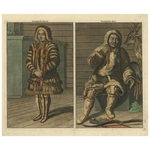 Antique Hand-Coloured Print of Samoyedic People of Northern Russia, c.1700