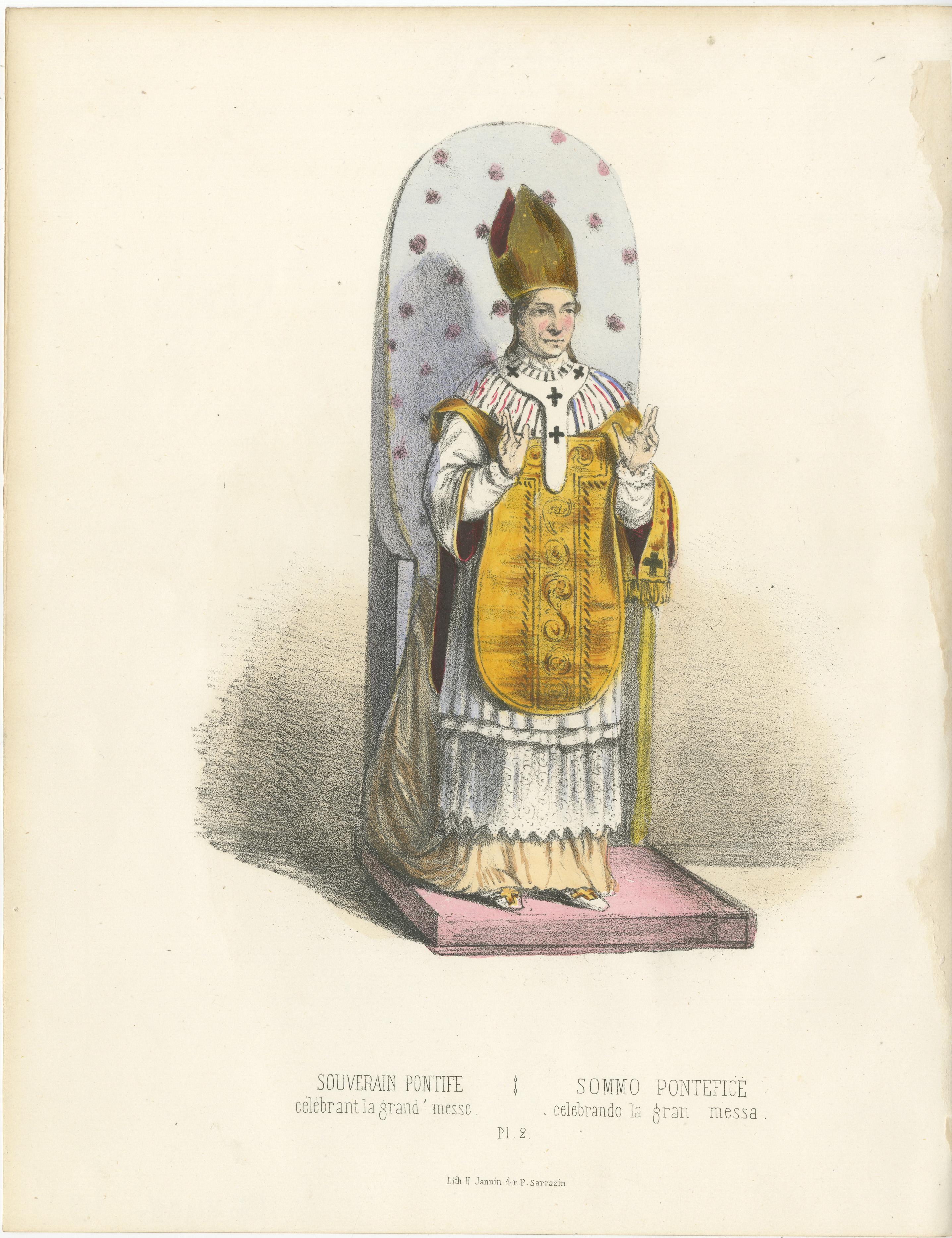 Souverain Pontife Célébrant la Grand' Messe (Sumo Pontífice Celebrando la Gran Misa), Lámina 2, 1862  

Esta litografía coloreada a mano, titulada *Souverain Pontife Célébrant la Grand' Messe* (Sumo Pontífice celebrando la Misa Mayor), lámina 2 del