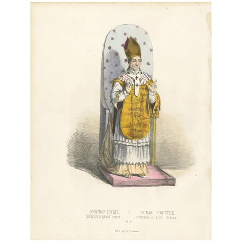 Antique Hand-Coloured Print of the Supreme Pontiff Celebrating High Mass, 1862