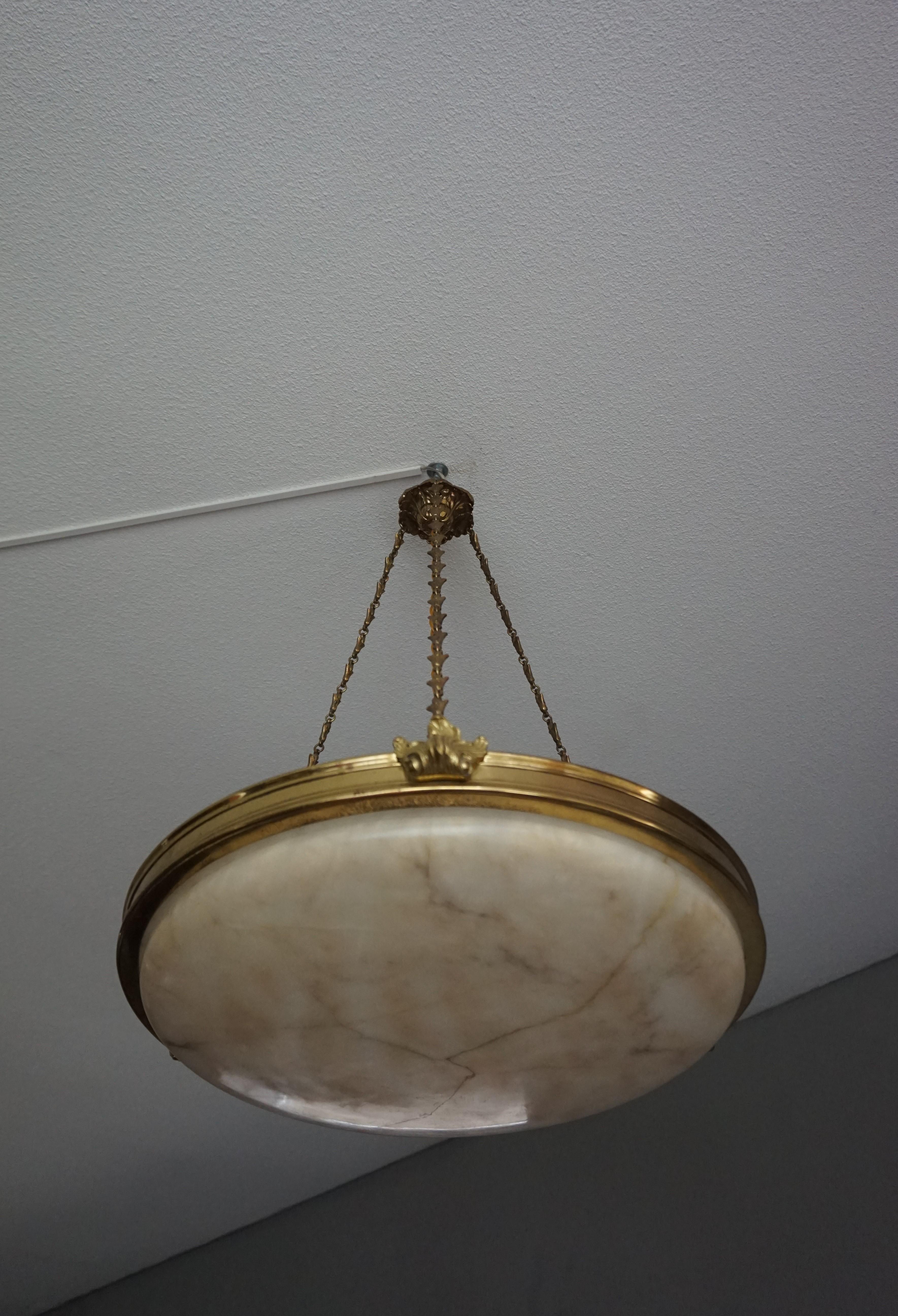 French Antique Handcrafted Alabaster and Gilt Bronze Pendant Chandelier, circa 1900