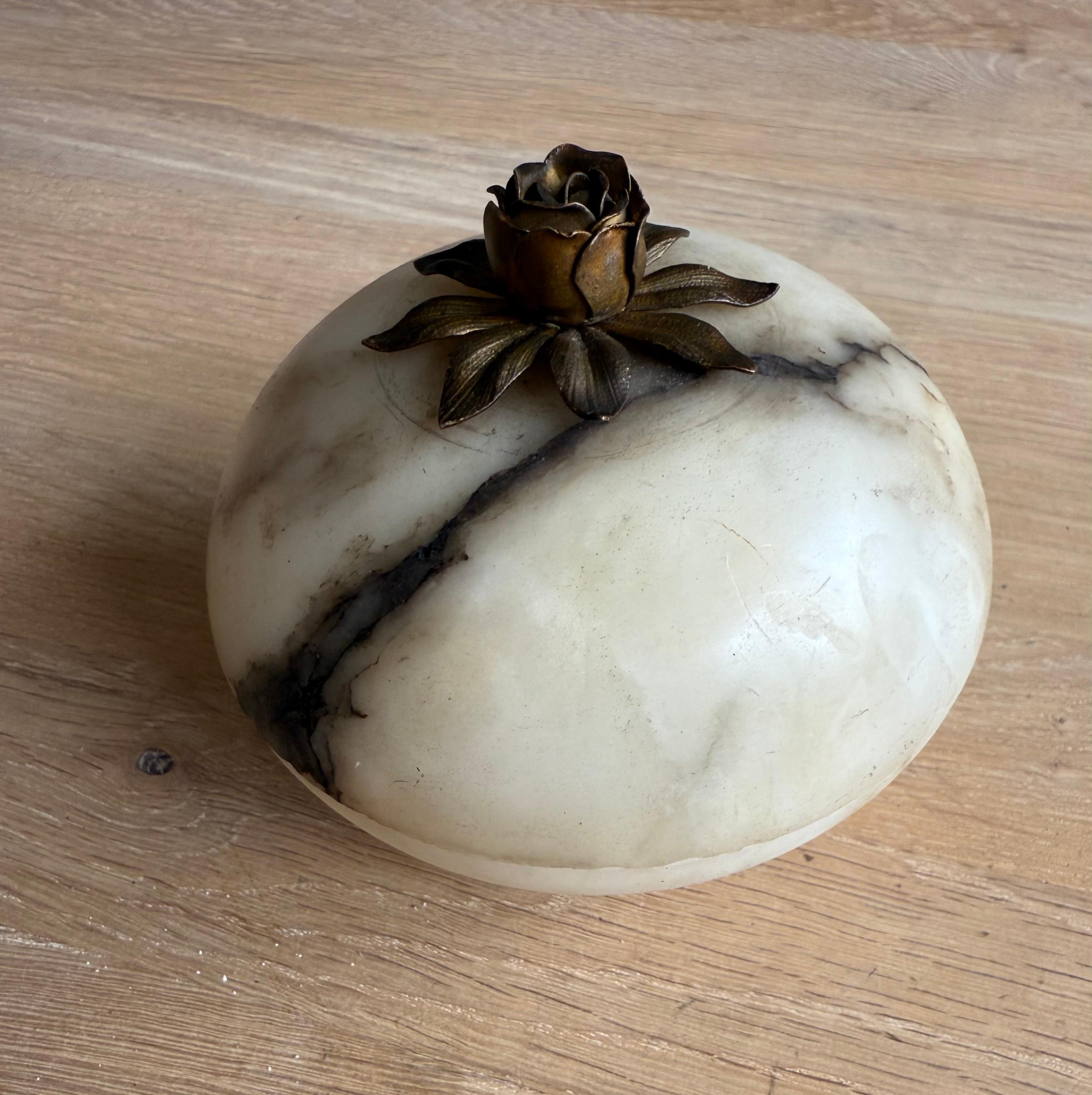 Romantic Antique Hand-Crafted Alabaster Jewelry Box with Brass Rose / Vintage Trinket Box For Sale