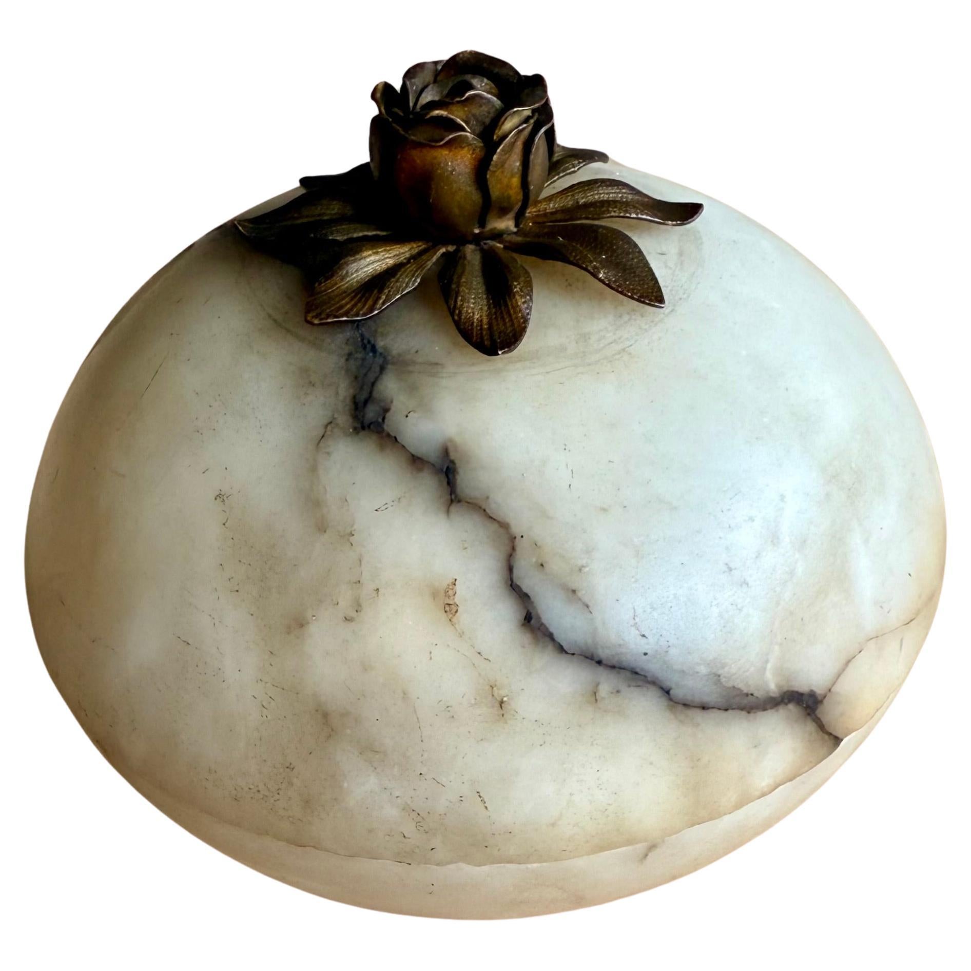Antique Hand-Crafted Alabaster Jewelry Box with Brass Rose / Vintage Trinket Box
