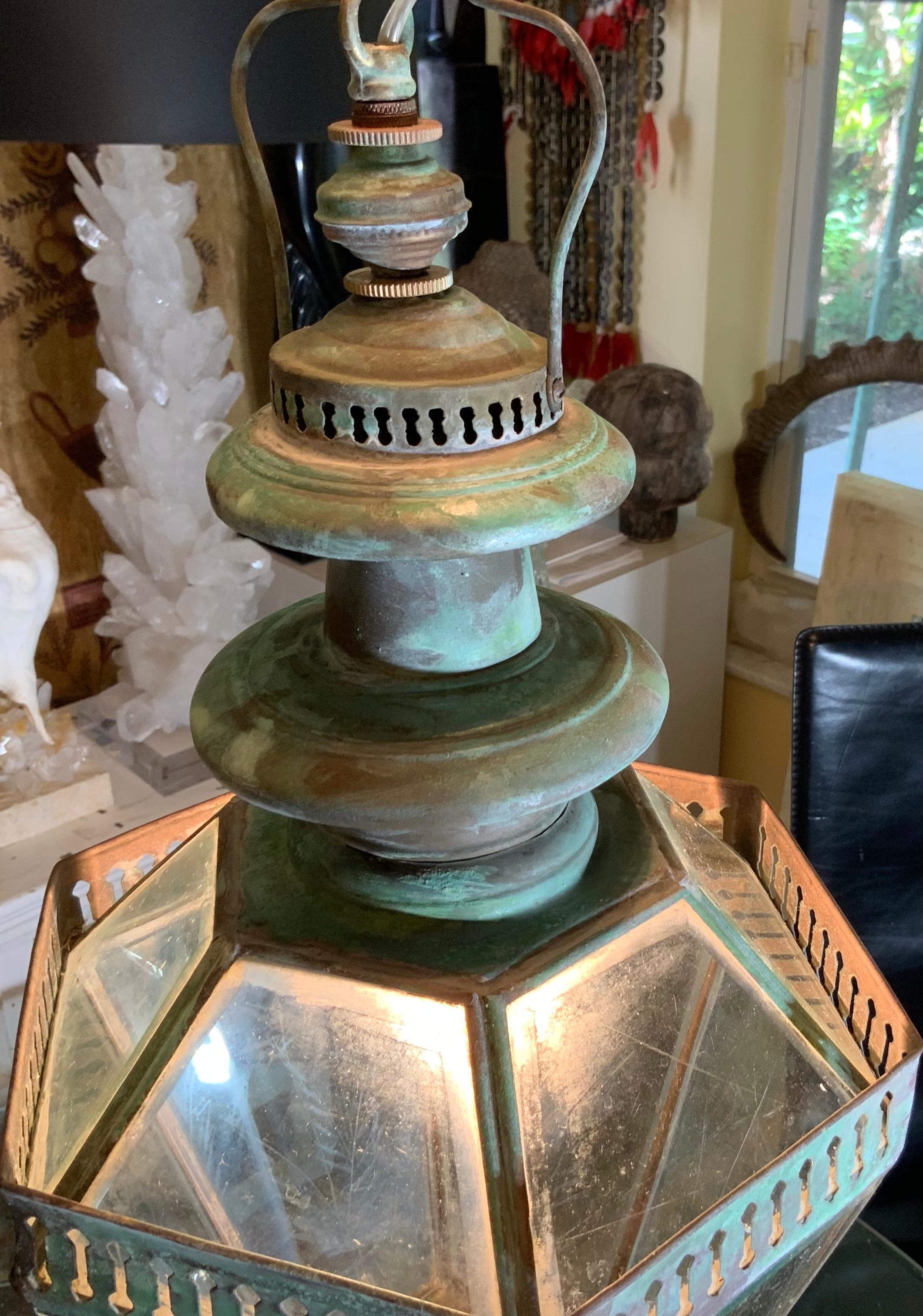 Hand-Crafted Antique Hand Crafted Country French Hanging Copper Lantern  For Sale