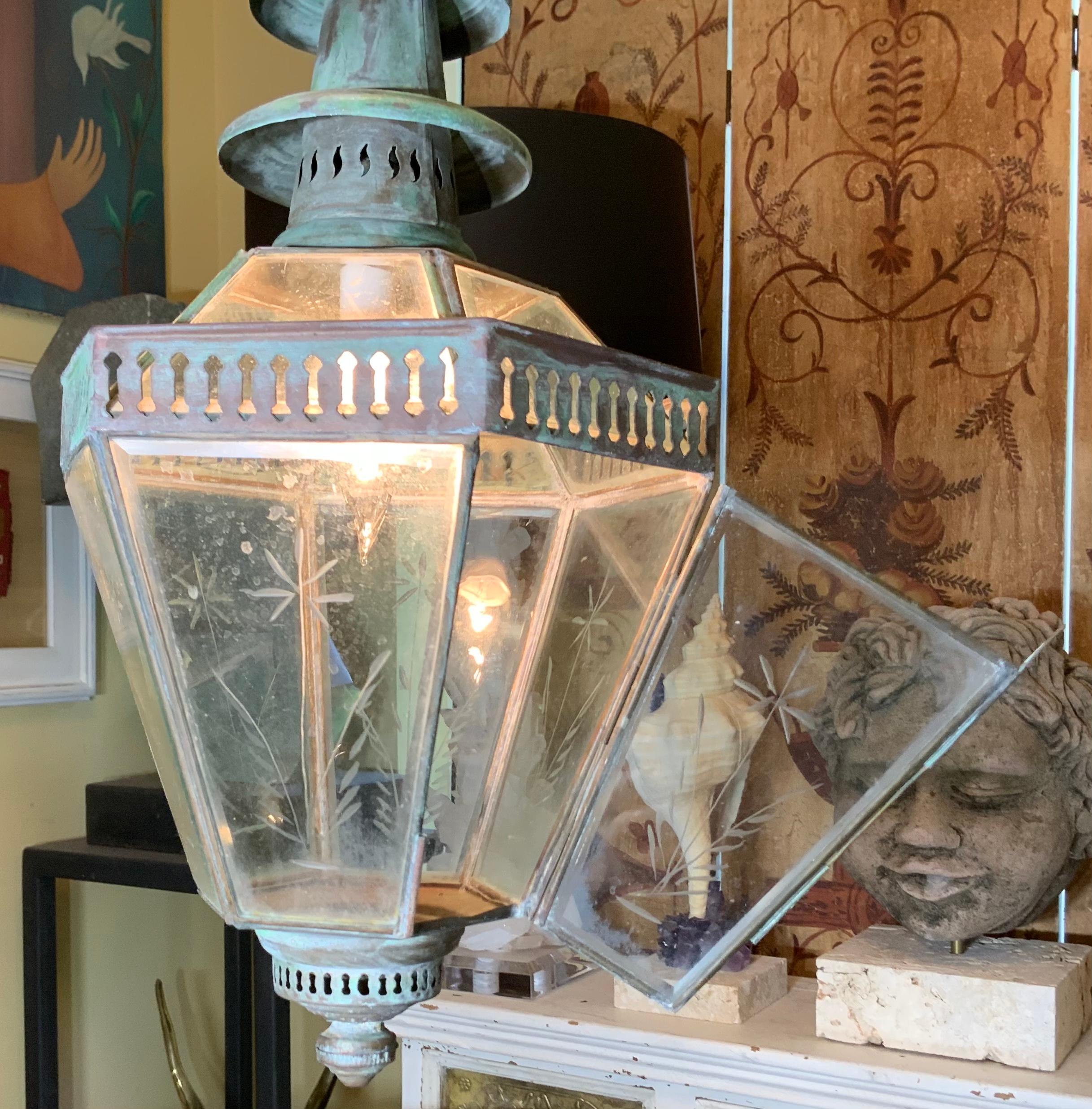 Antique Hand Crafted Country French Hanging Copper Lantern  In Good Condition For Sale In Delray Beach, FL