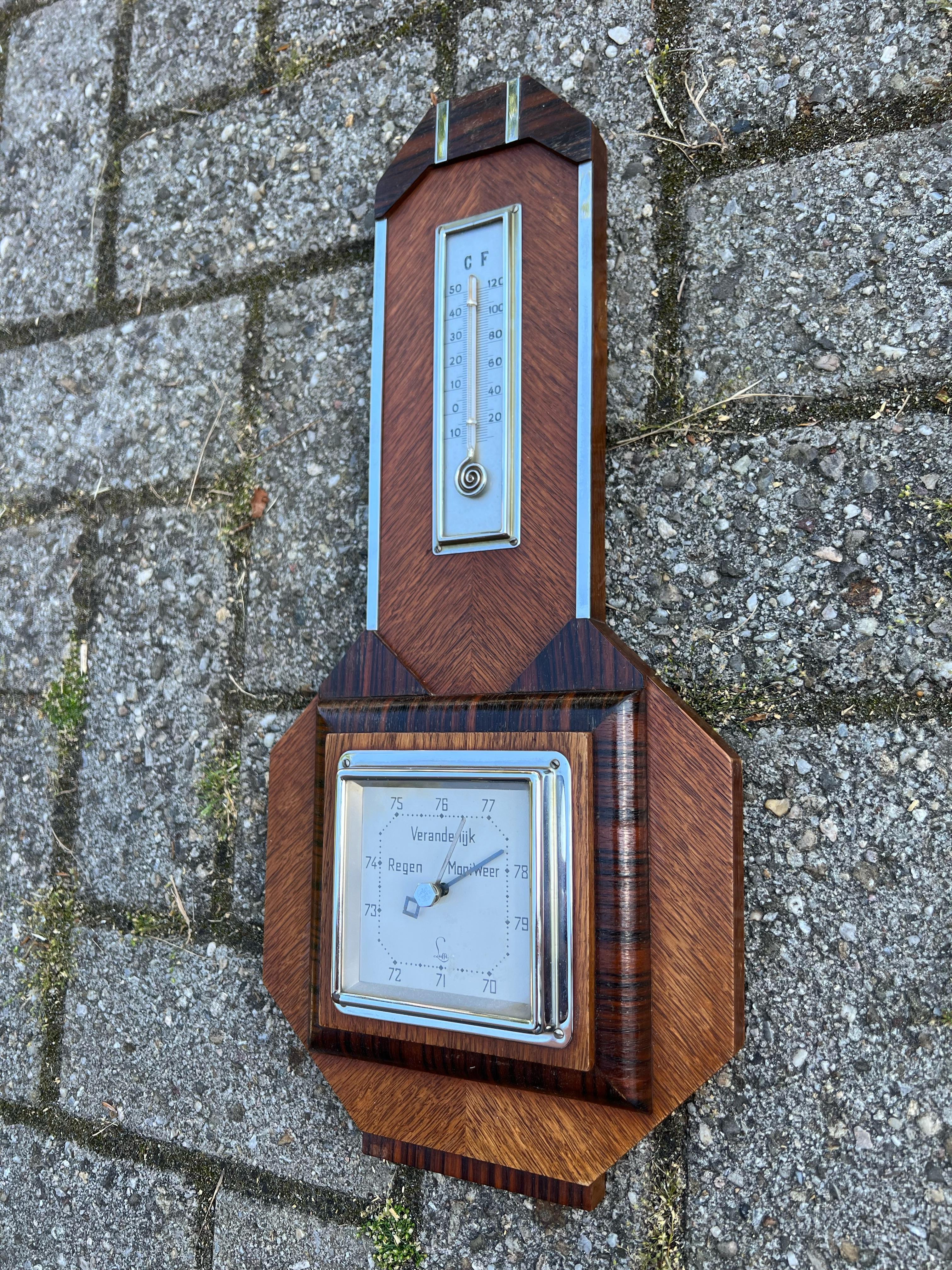 Antique Hand Crafted Dutch Art Deco Barometer & Thermometer W. Great Details For Sale 1