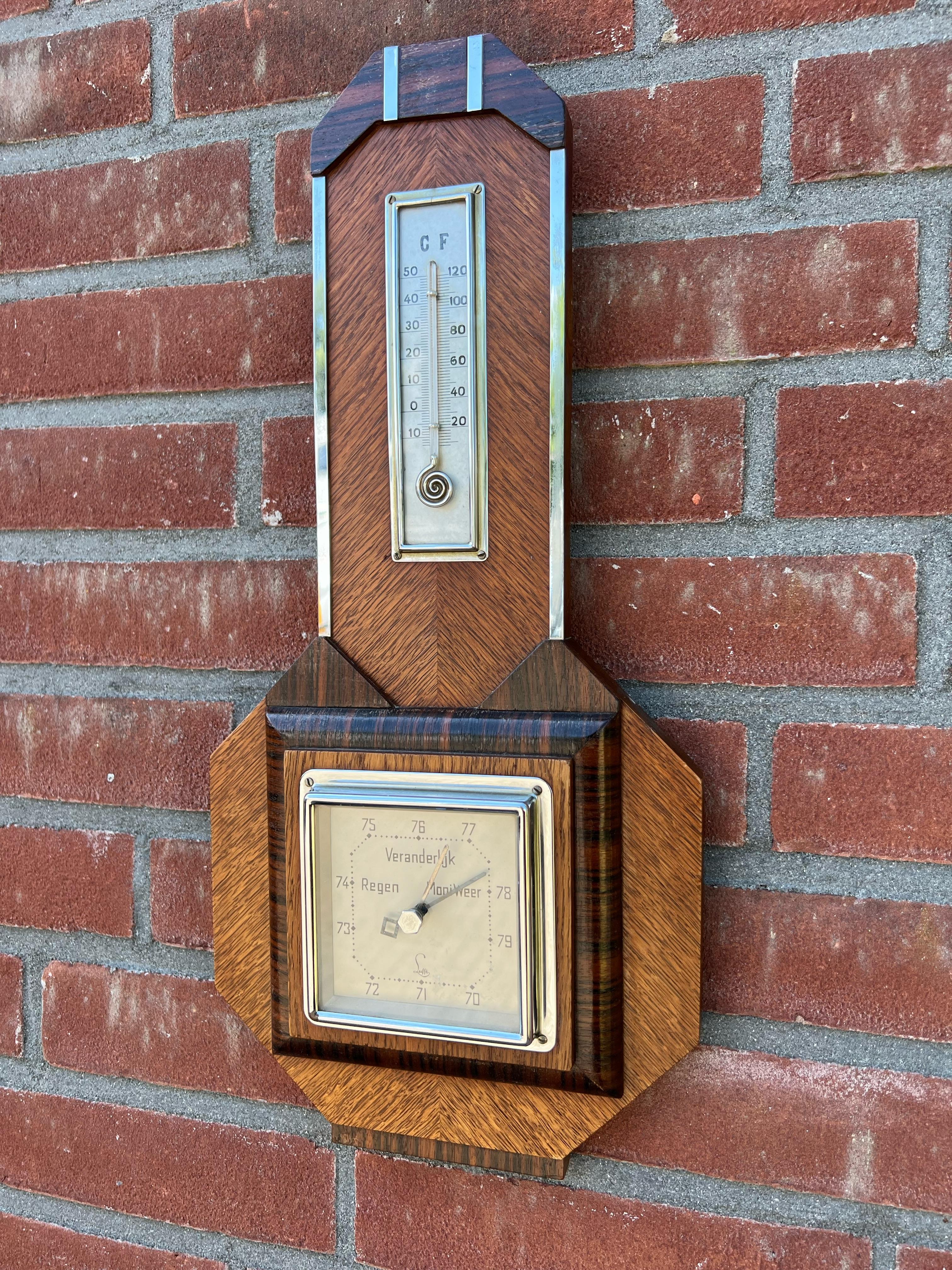 Antique Hand Crafted Dutch Art Deco Barometer & Thermometer W. Great Details For Sale 3