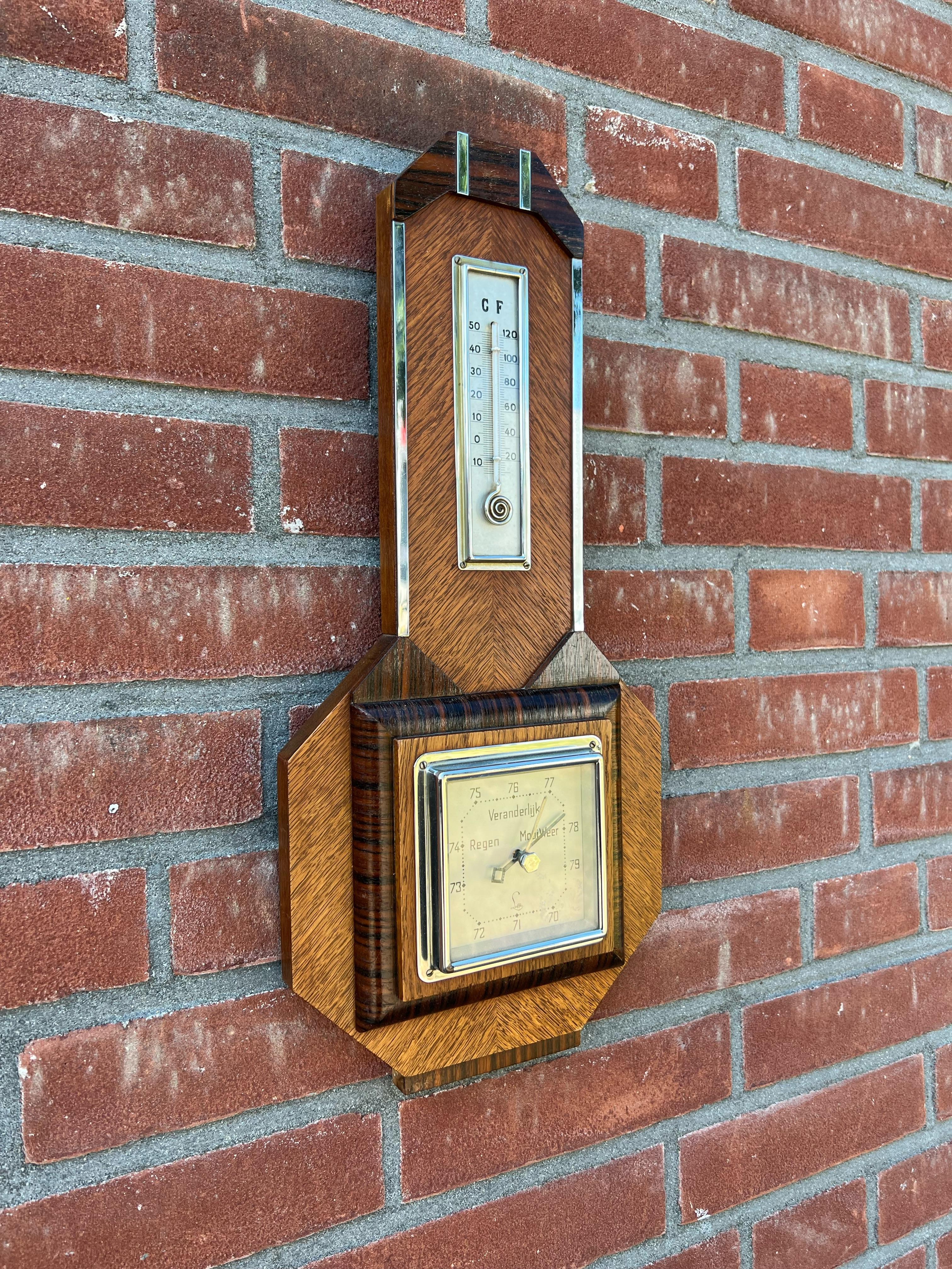 Baromètre et thermomètre Art Déco néerlandais ancien fabriqués à la main avec de superbes détails en vente 11
