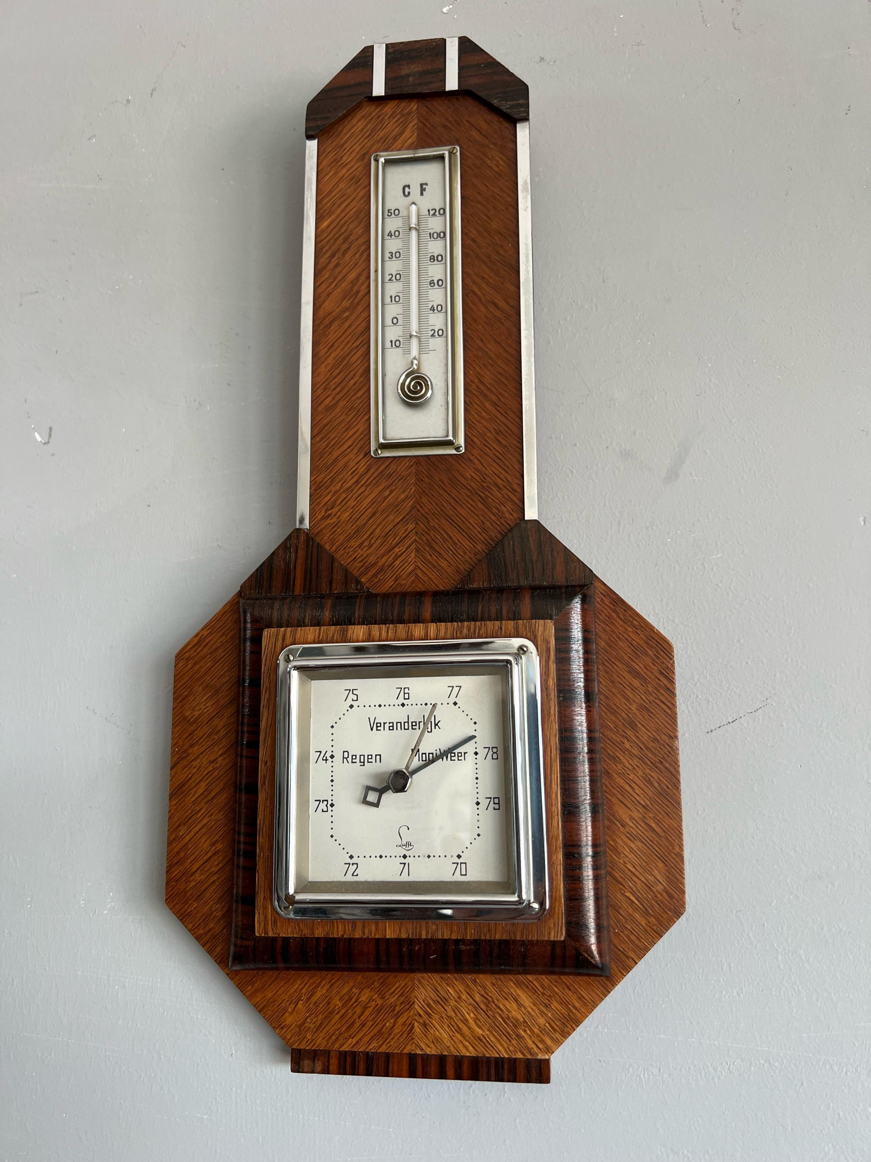 Highly stylish and marvelous design Art Deco wall barometer.

This stylish antique from the early 1900s is a dream of anyone with an Art Deco (inspired) interior. This design could not be more Art Deco and to have found a barometer with this many