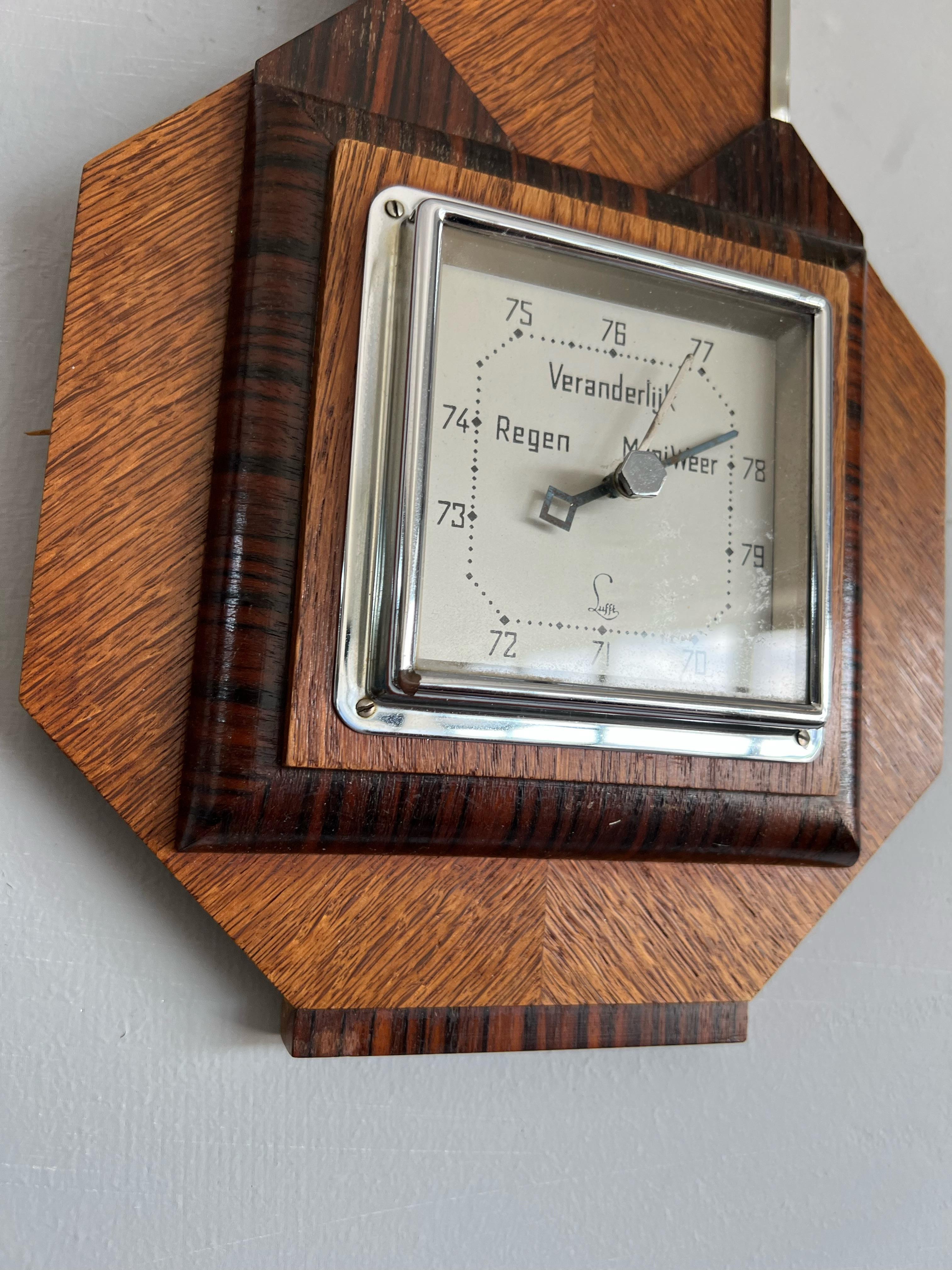 Patinated Antique Hand Crafted Dutch Art Deco Barometer & Thermometer W. Great Details For Sale