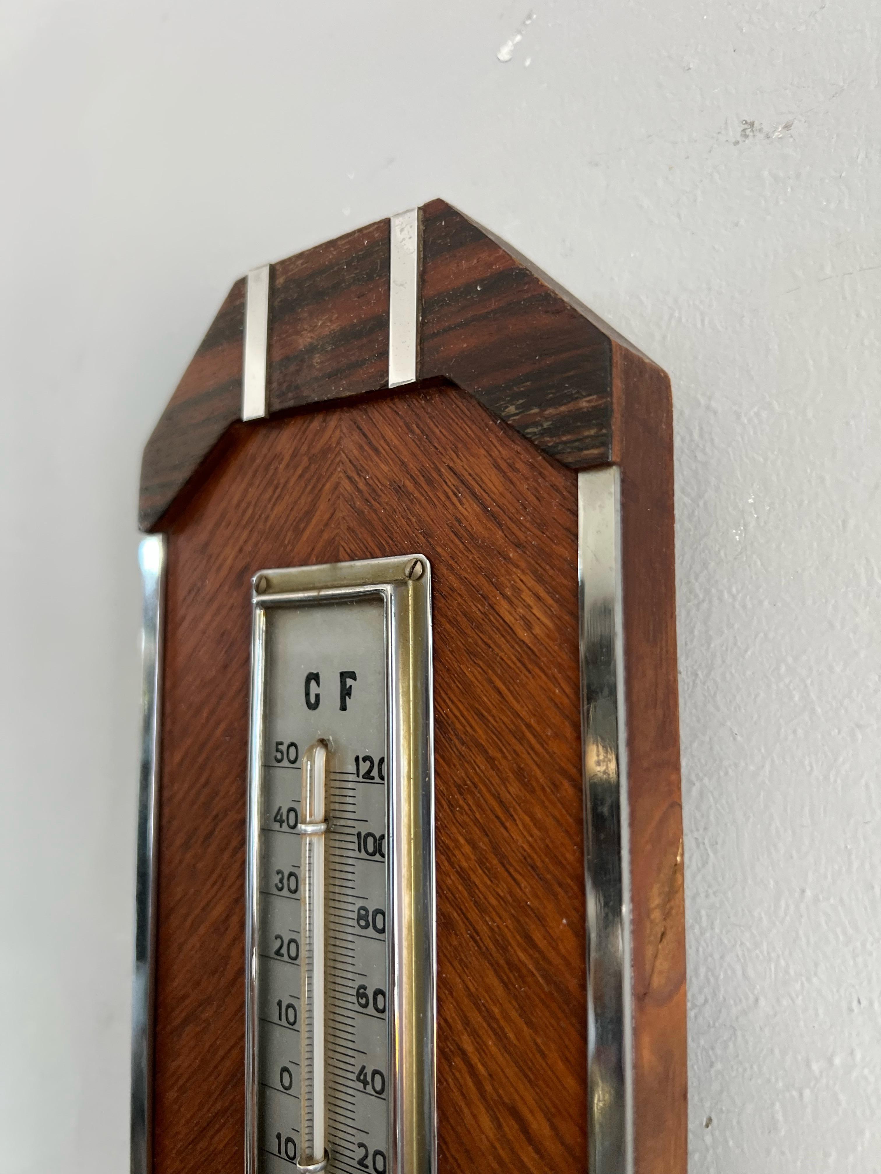 Antique Hand Crafted Dutch Art Deco Barometer & Thermometer W. Great Details In Excellent Condition For Sale In Lisse, NL