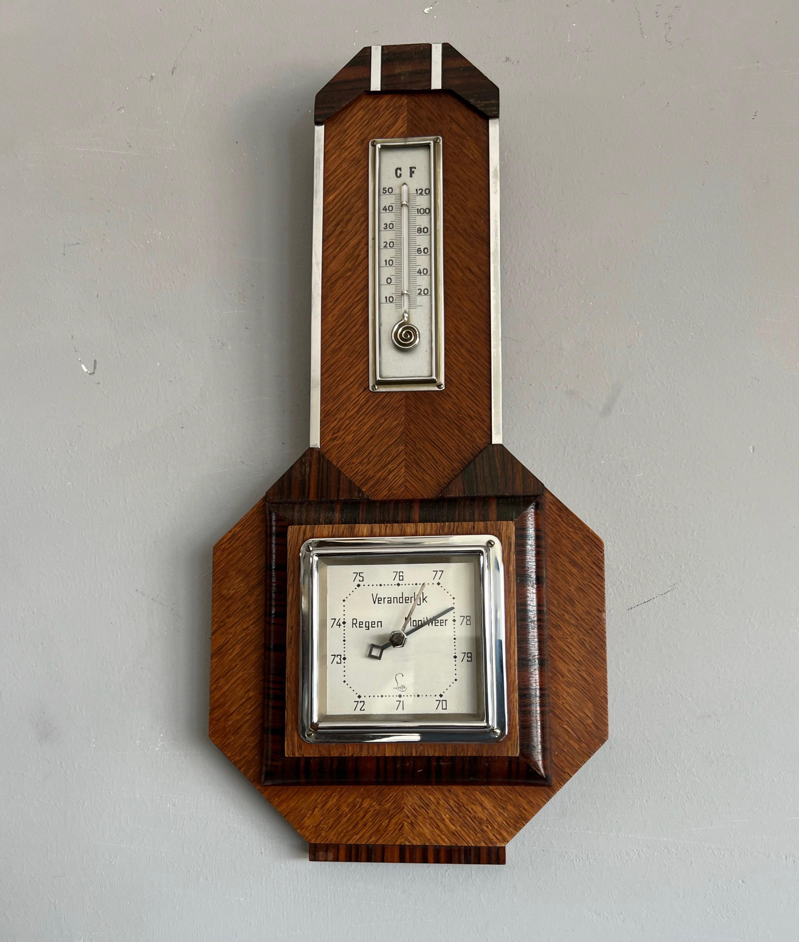 Antikes handgefertigtes niederländisches Art-Déco-Barometer und Thermometer mit großartigen Details (Eichenholz) im Angebot
