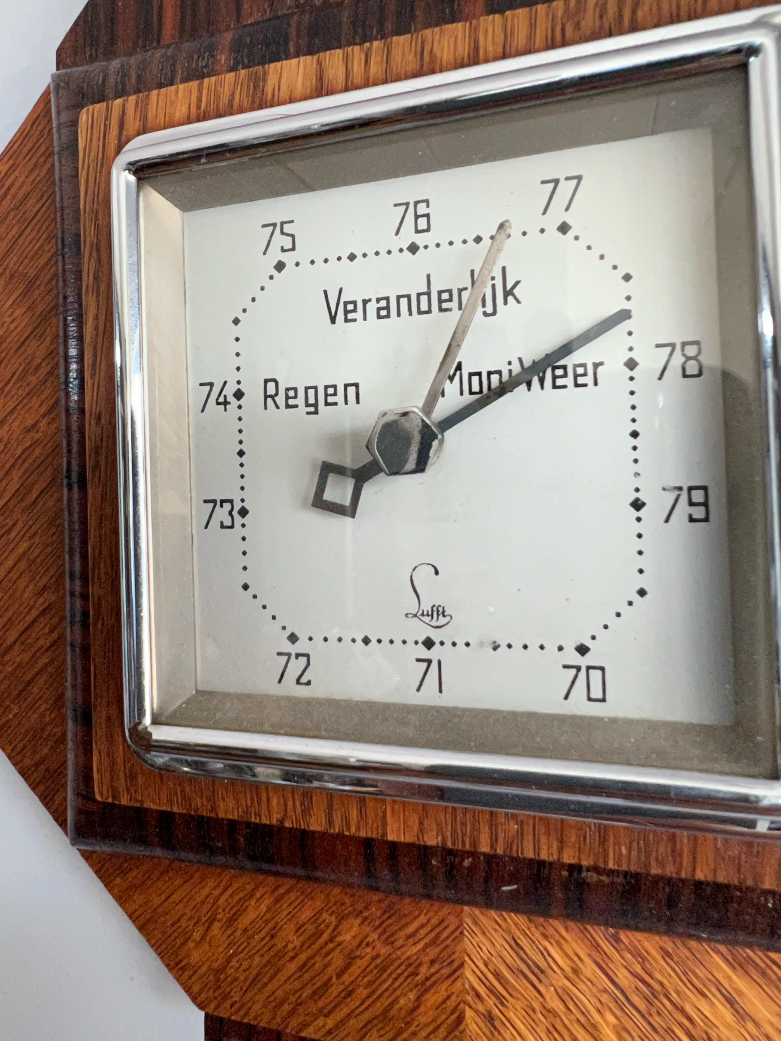 Oak Antique Hand Crafted Dutch Art Deco Barometer & Thermometer W. Great Details For Sale