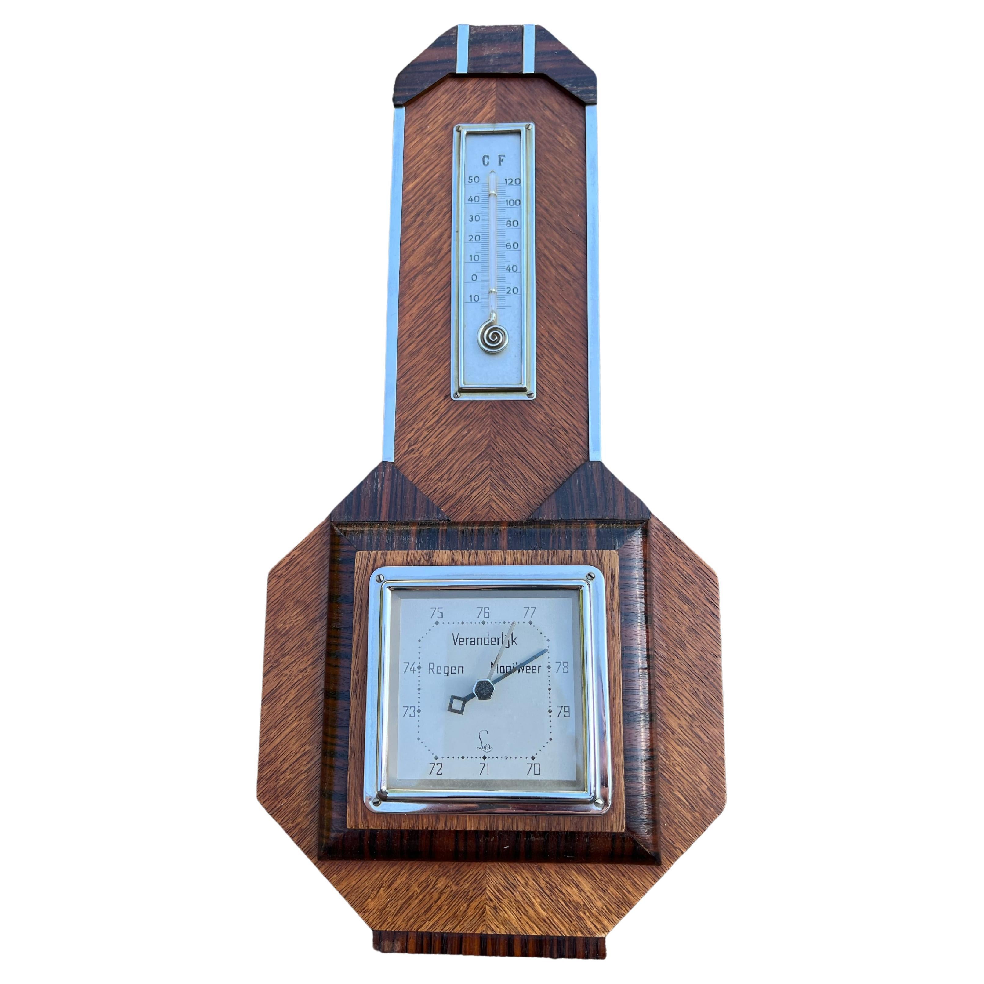 Antique Hand Crafted Dutch Art Deco Barometer & Thermometer W. Great Details For Sale