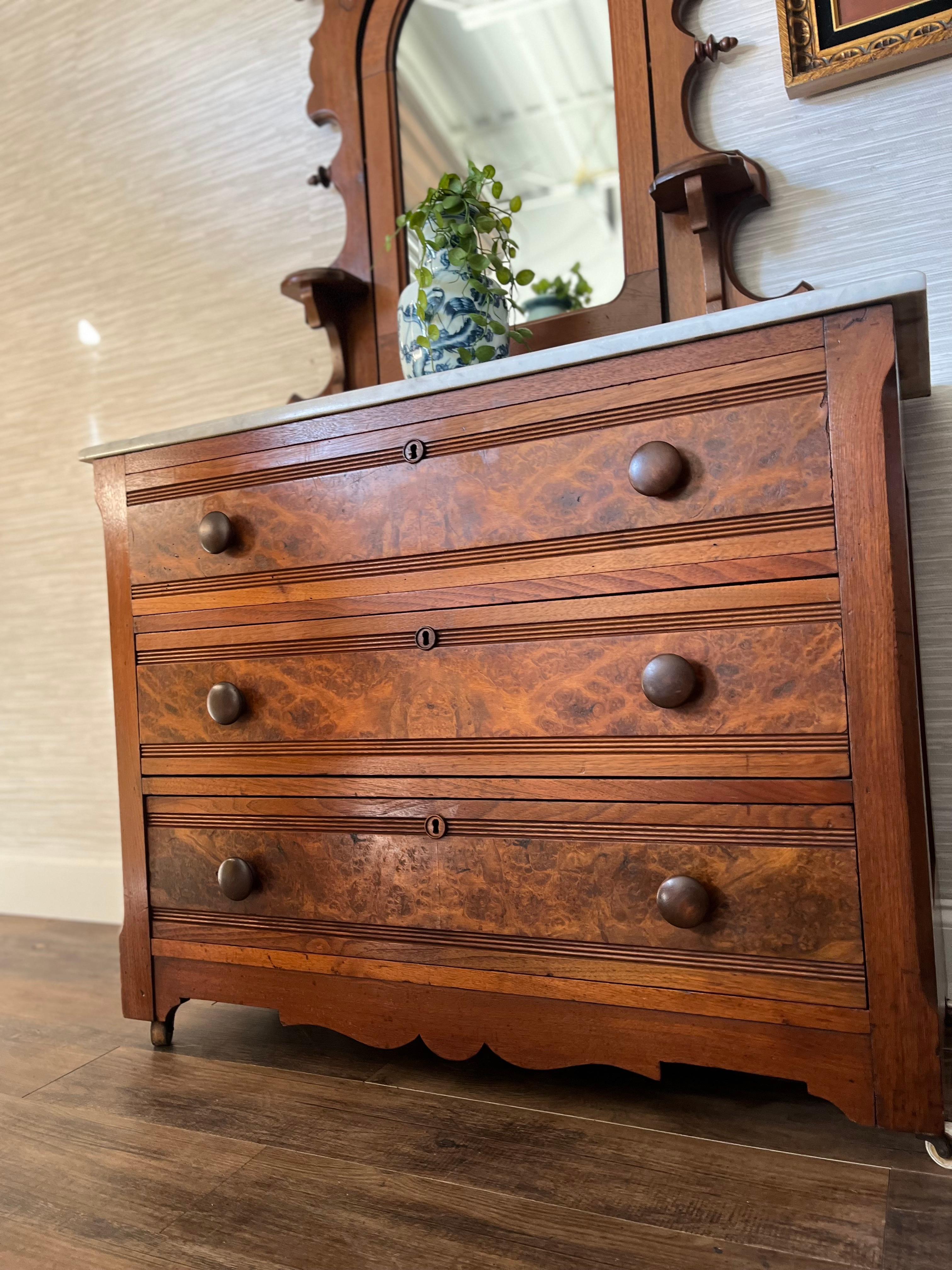 Antique Flame Mahogany American Empire Eastlake Marble Top Mirror Dresser For Sale 11