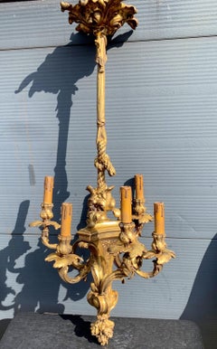 Antique Large Belle Époque Handcrafted Gilt Bronze Chandelier Pendant w. Roses