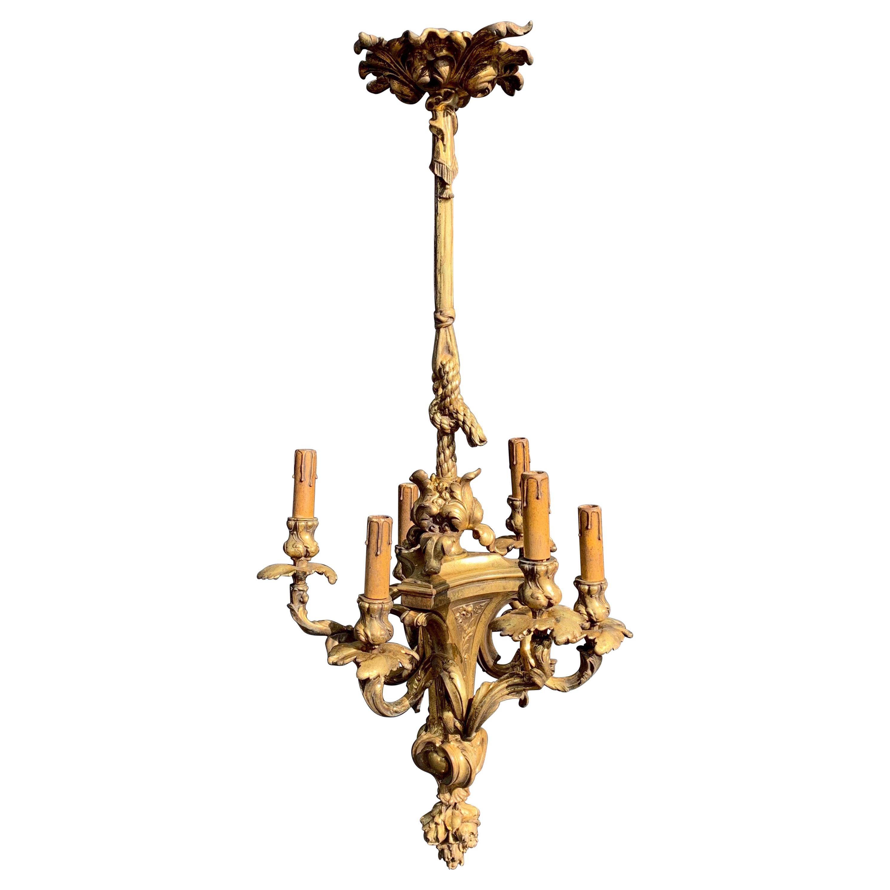 Antique Large Belle Époque Handcrafted Gilt Bronze Chandelier Pendant w. Roses  For Sale